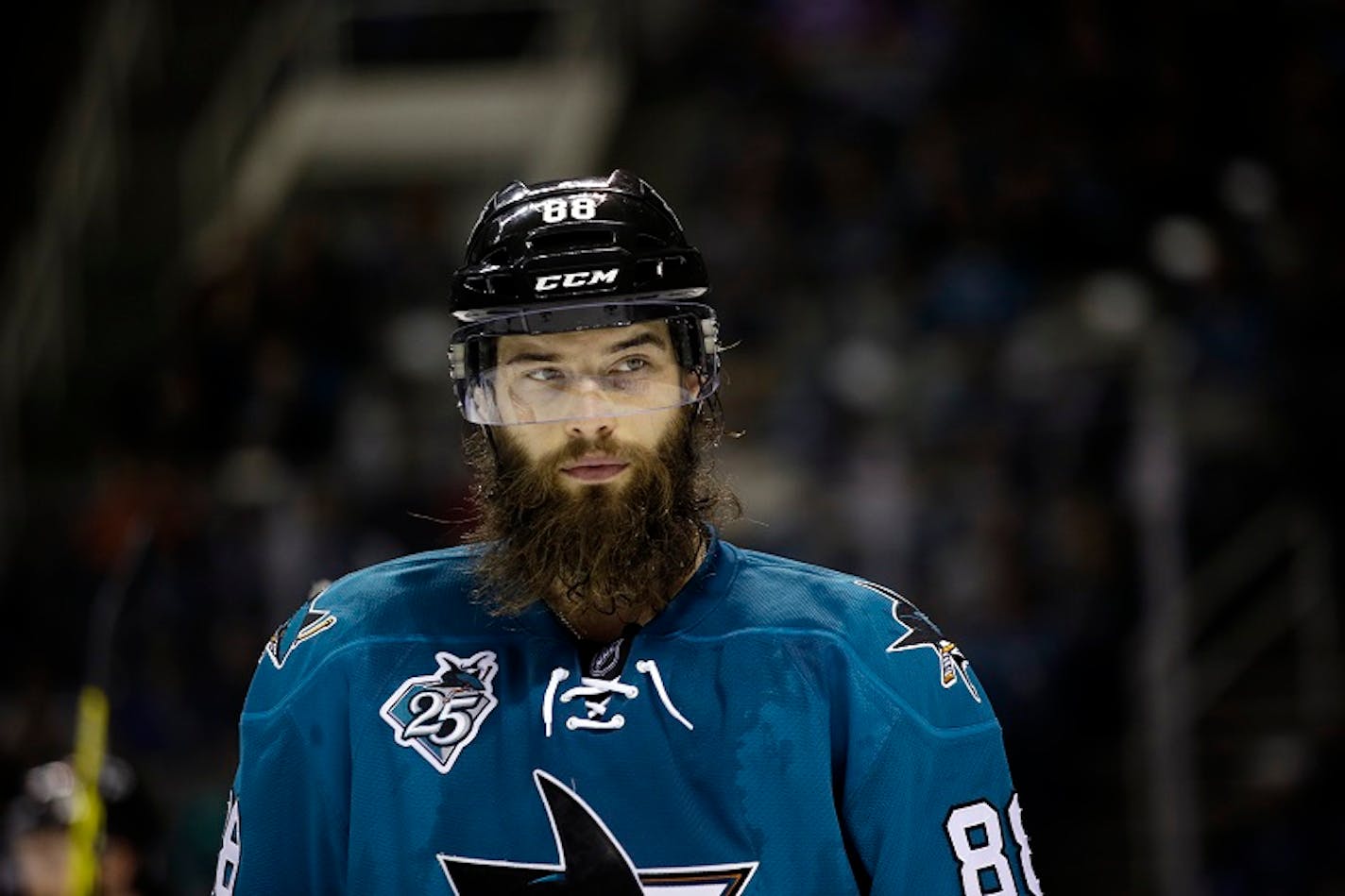 San Jose Sharks defenseman Brent Burns (88) during the second period of an NHL hockey game against the Anaheim Ducks Saturday, Nov. 7, 2015, in San Jose, Calif. (AP Photo/Marcio Jose Sanchez)