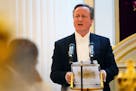 Britain's Foreign Secretary Lord David Cameron speaks at the Lord Mayor of the City of London's annual Easter Banquet, at Mansion House in the City of