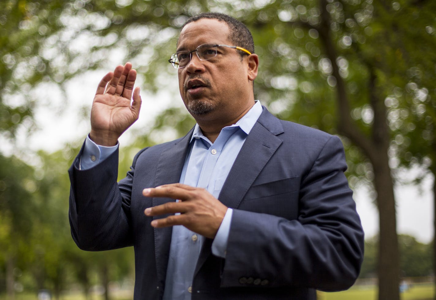 Rep. Keith Ellison addresses campaign volunteers on Aug. 17, 2018 in Minneapolis.