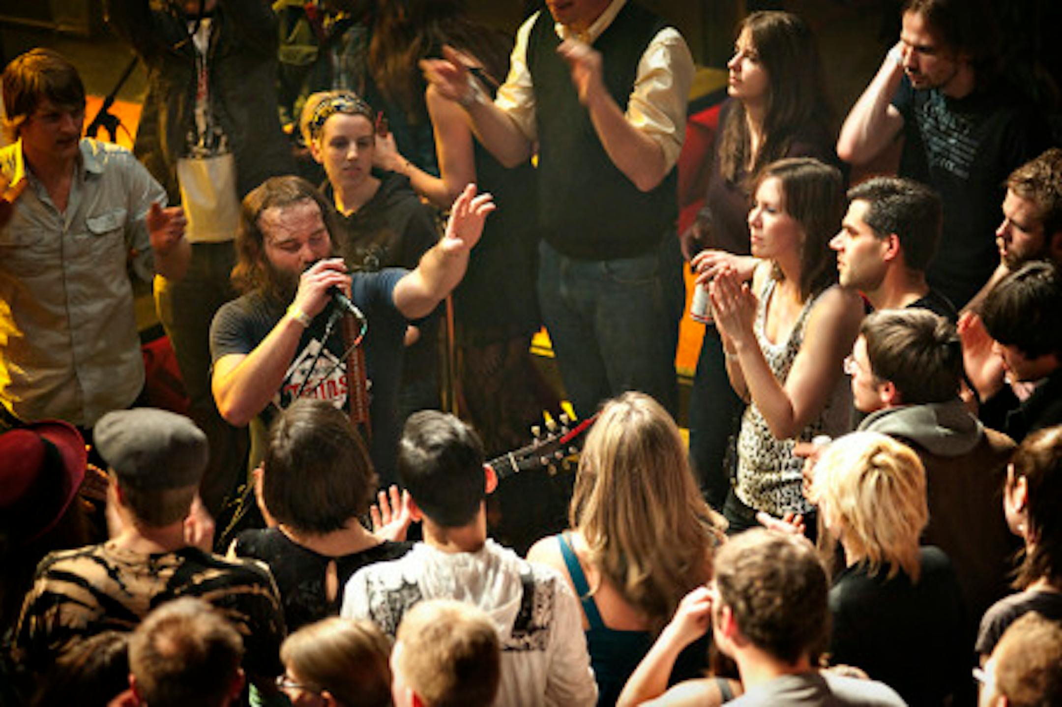 Gabriel Douglas taking his band's name 4onthefloor literally at the Varsity Theater. / Photos by Leslie Plesser