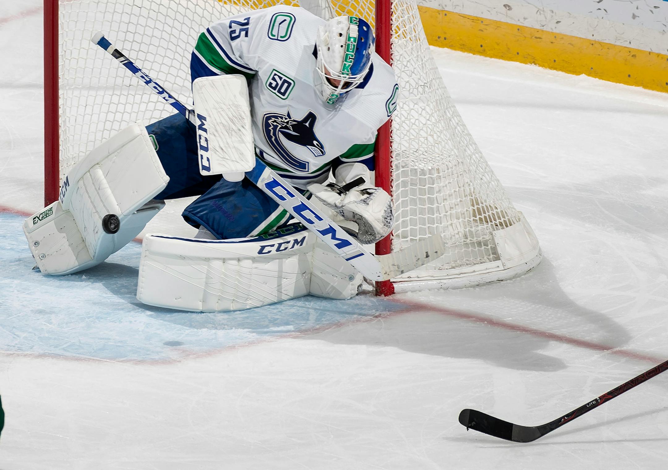Vancouver Canucks goalie Jacob Markstrom (25) made a save in the third period.