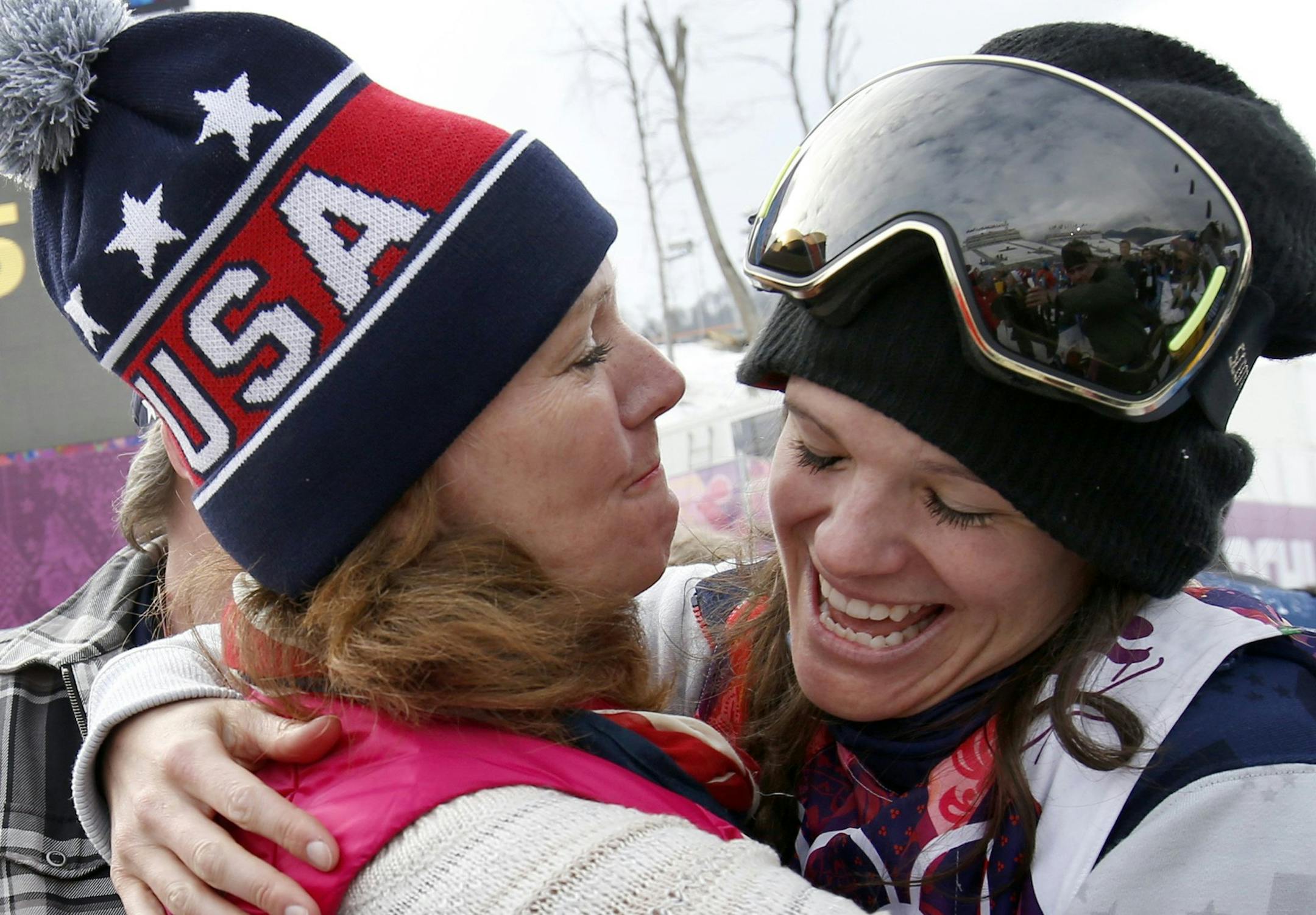 Diana Herman of Bloomington hugged daughter Keri after women’s slopestyle skiing.