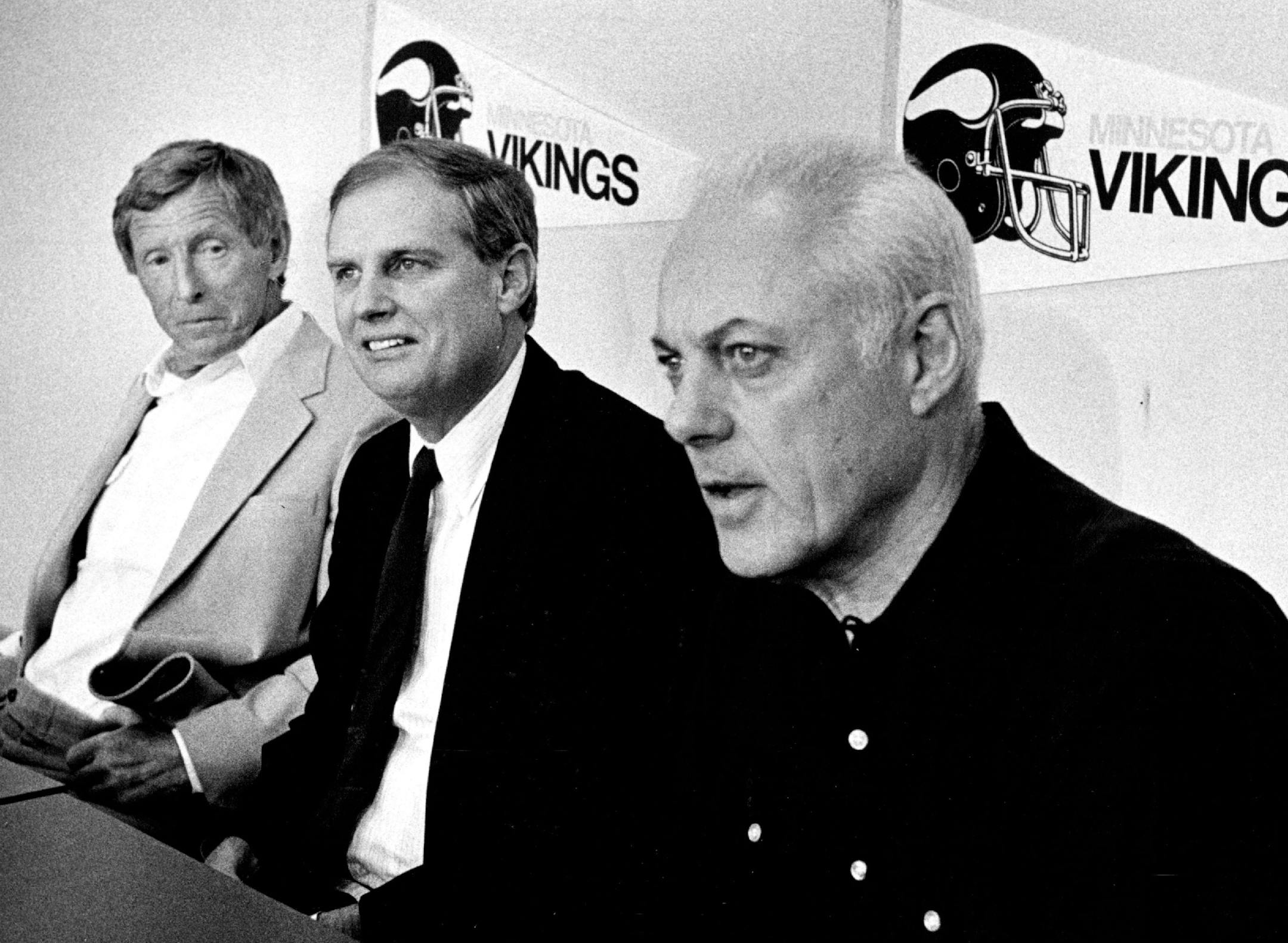 Jerry Burns, Mike Lynn and Bud Grant, left to right, held a press conference Monday to announce Grant's second retirement as Viking's coach and Burn's selection as head coach on Jan. 6, 1985.
