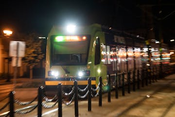 A Green Line train, shown in St. Paul in 2022.