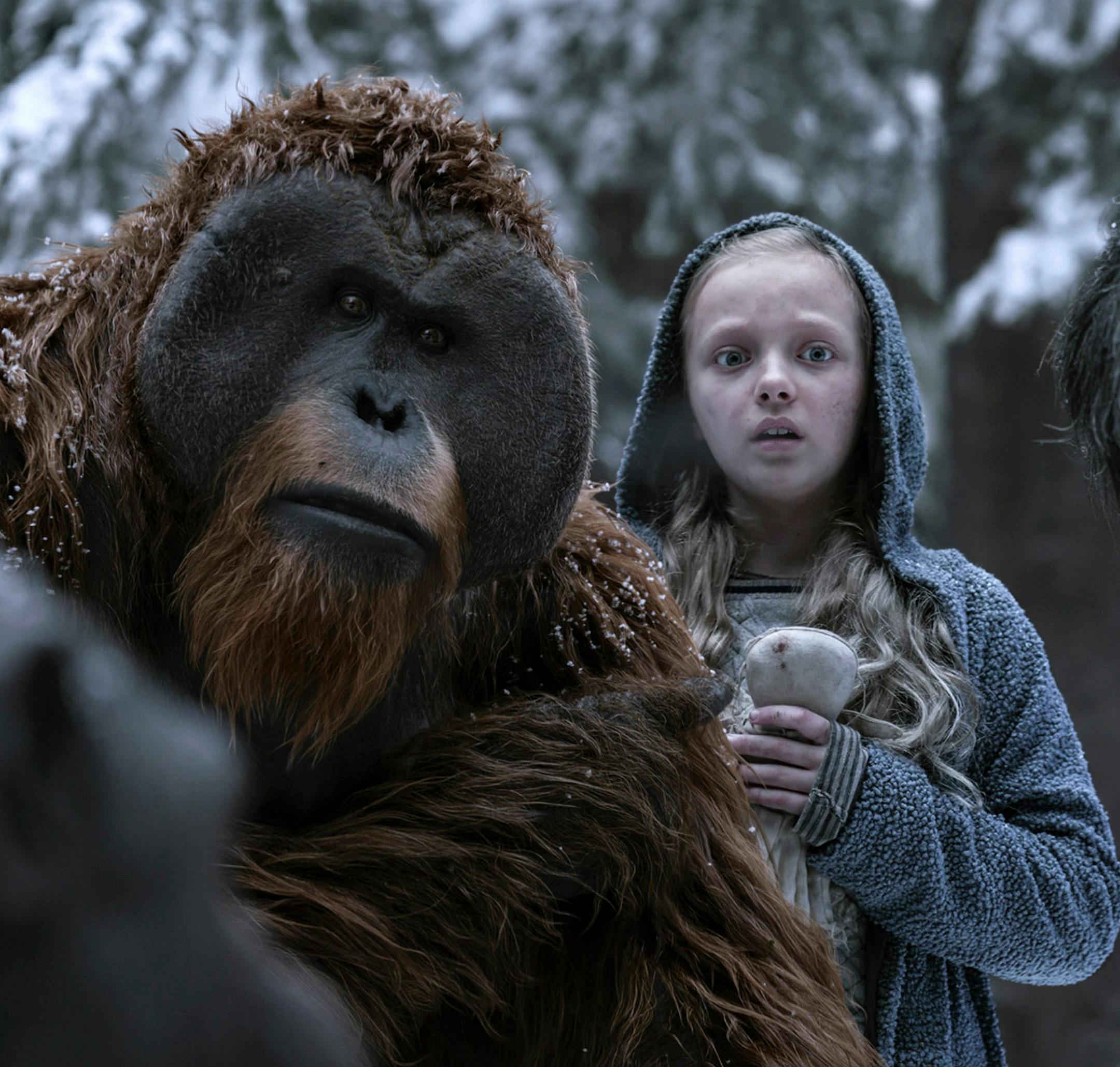 This image released by Twentieth Century Fox shows Karin Konoval, left, and Amiah Miller in "War for the Planet of the Apes." (Twentieth Century Fox via AP)