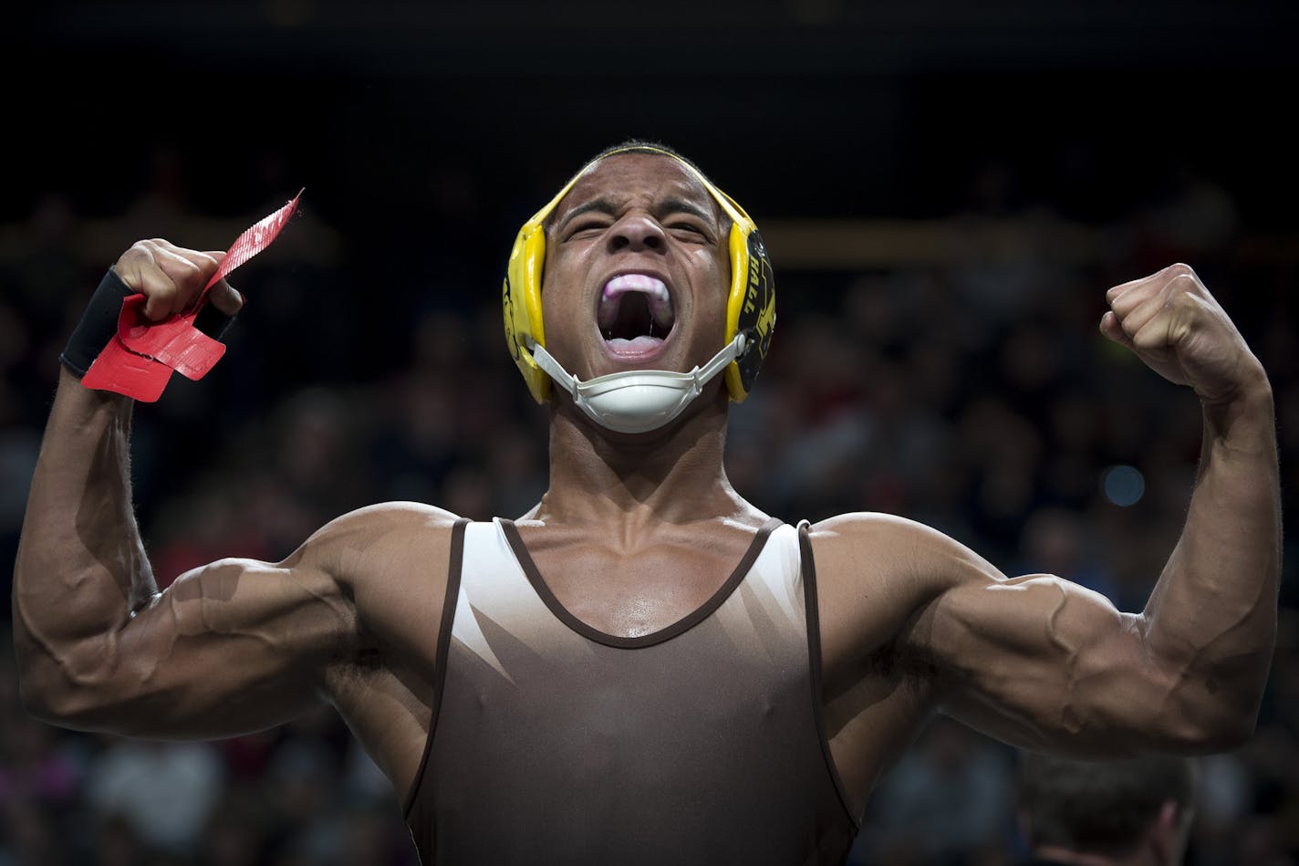 Apple Valley&#x2019;s Mark Hall let out a roar after pinning St. Michael-Albertville&#x2019;s Evan Ronsen in the Class 3A 170-pound final on Saturday night. Hall, a junior, earned his record-tying fifth state title. (Aaron Lavinsky, Star Tribune)