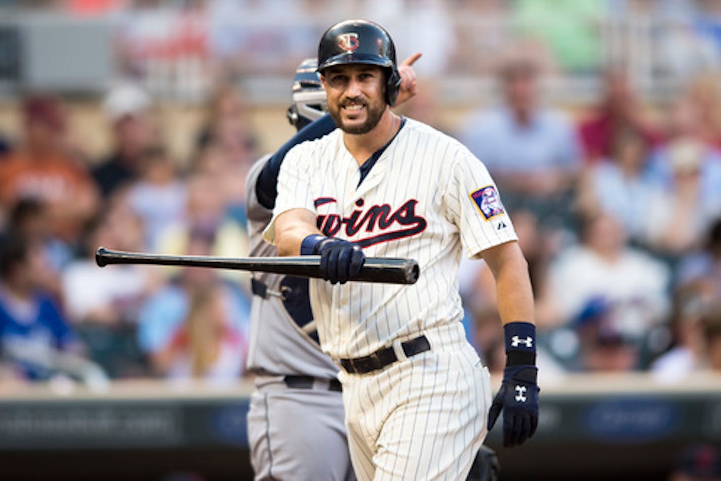 Minnesota Twins third baseman Trevor Plouffe (24)  reacted after being struck out swinging by Cleveland Indians starting pitcher Josh Tomlin (43) in the bottom of the second inning.  ]   Aaron Lavinsky ¥ aaron.lavinsky@startribune.com   The Minnesota Twins play the Cleveland Indians Saturday, August 15, 2015 at Target Field in Minneapolis, Minn. ORG XMIT: MIN1508151925220973