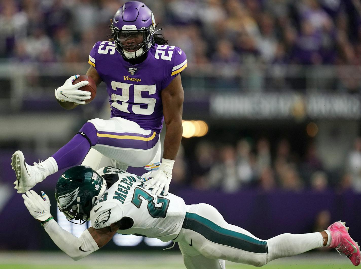 Minnesota Vikings running back Alexander Mattison (25) leapt over the block of Philadelphia Eagles free safety Rodney McLeod (23) as he ran the ball in the fourth quarter. ] ANTHONY SOUFFLE &#x2022; anthony.souffle@startribune.com The Minnesota Vikings played the Philadelphia Eagles in an NFL game Sunday, Oct. 13, 2019 at U.S. Bank Stadium in Minneapolis.