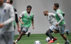 Minnesota United held its first day of preseason training Tuesday at the National Sports Center in Blaine. Here (left to right) Carter Manley, Tyrone 