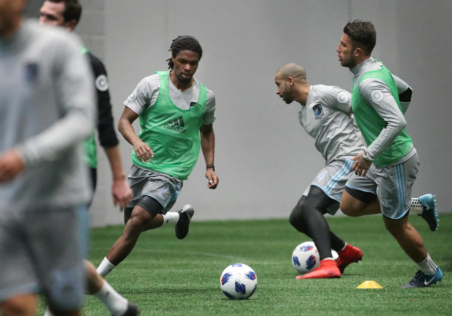 Minnesota United held its first day of preseason training Tuesday at the National Sports Center in Blaine. Here (left to right) Carter Manley, Tyrone Mears and Francisco Calvo took part in drills. DAVID JOLES � david.joles@startribune.com first day of preseason training for MN United FC