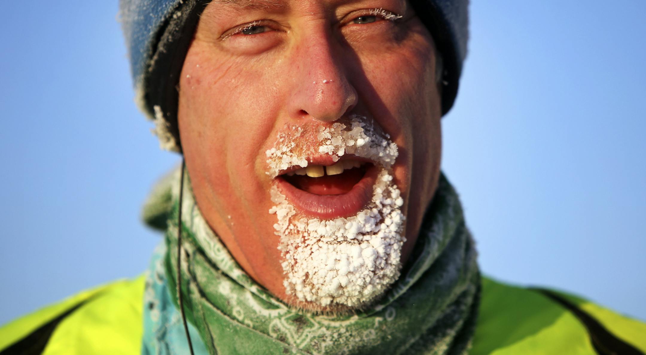 Craig Shankwitz's beard froze while on a jog around Lake Calhoun in Minneapolis, Minn., Saturday, Dec. 7, 2013. Forecasters say Saturday will be very cold in Minnesota, with highs only making it to 5 to 10 degrees below zero in the north to around 5 degrees above zero in the far southeast. (AP Photo/The Star Tribune, David Joles) MANDATORY CREDIT; ST. PAUL PIONEER PRESS OUT; MAGS OUT; TWIN CITIES TV OUT ORG XMIT: MIN2013123014132821