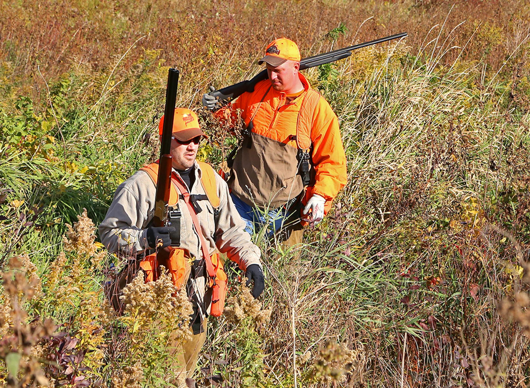 Andy Ness, left, and James Wendel, both of rural Spring Valley, Minn., waded through a sea of subtle fall colors while hunting a state wildlife management area south of Rochester and about a mile from the Iowa border on Saturday.