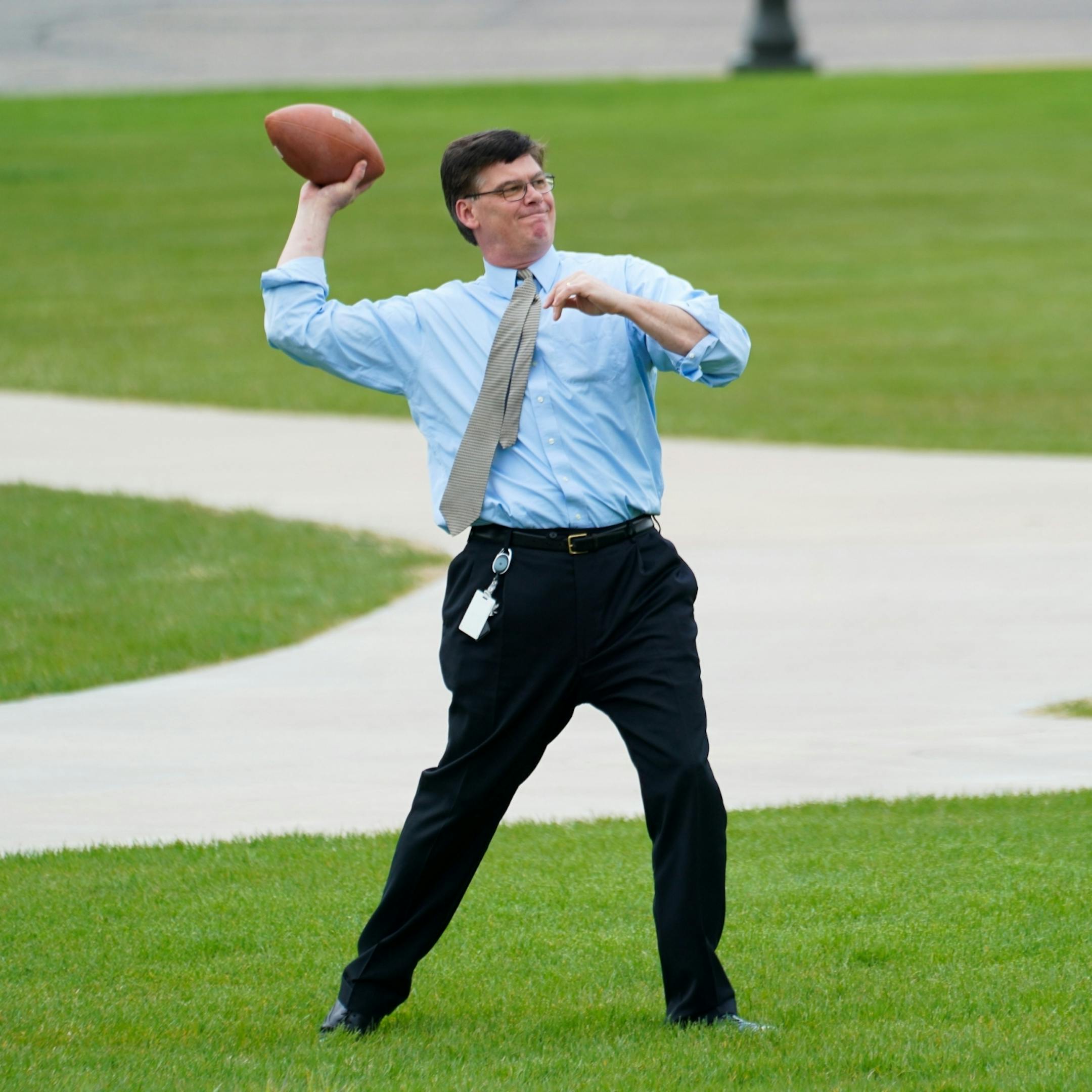 With budget negotiations stalled, Sen. Eric Pratt headed to the Capitol lawn to throw a football around with Sen Paul Anderson and Senate President Jeremy Miller.