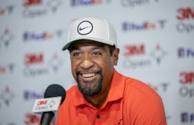 Last year's 3M Open champion Tony Finau addresses the media at the PGA Tour's 3M Open in Blaine, Minn., on Tuesday, July 25, 2023.