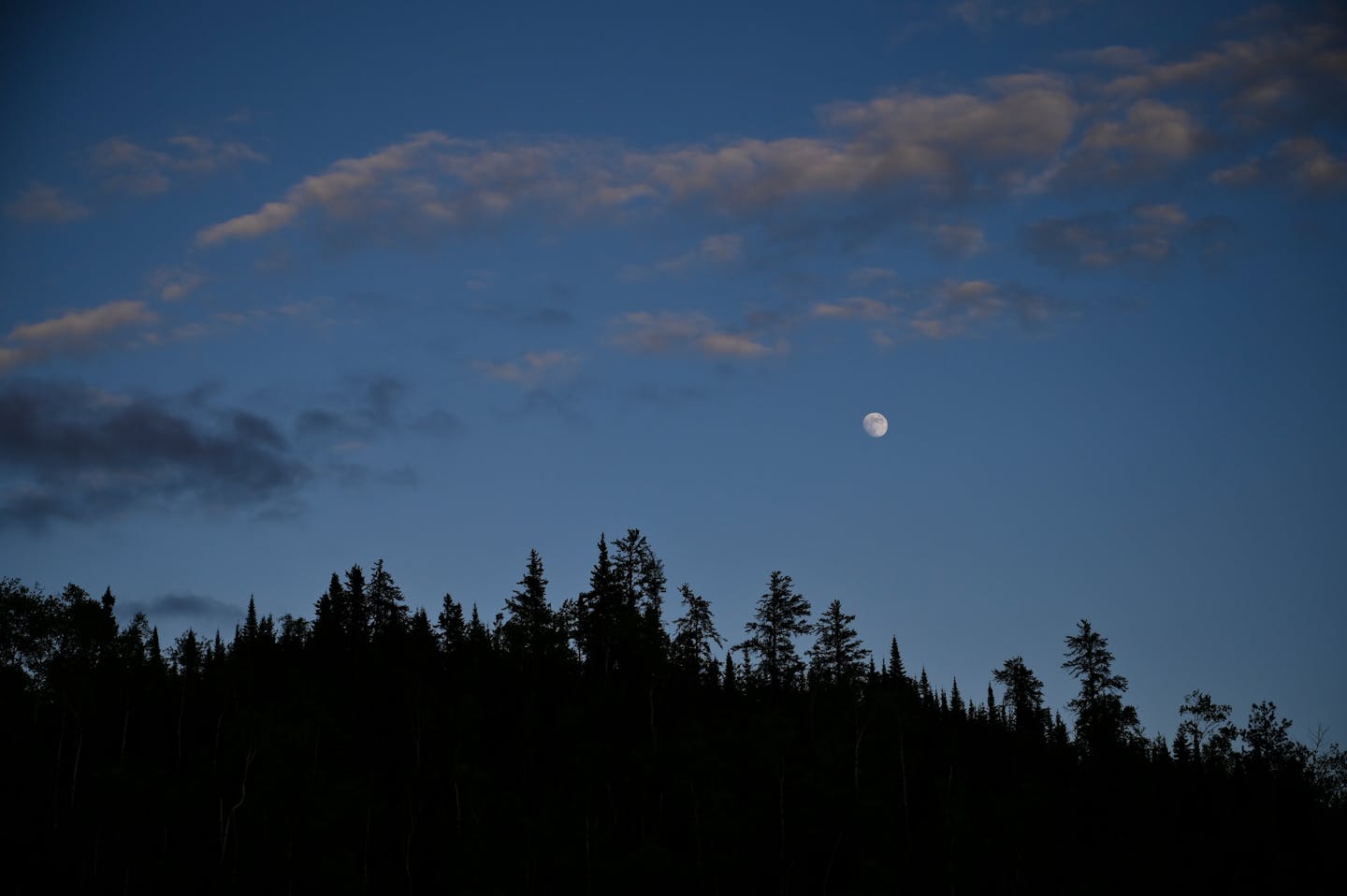 The moonrise above South Fowl Lake Friday night. ] Aaron Lavinsky ¥ aaron.lavinsky@startribune.com DAY 4 - Tony Jones, his 14-year old son Aidan
, their friend Brad Shannon and Outdoors editor Bob Timmons started the day on Mountain Lake on Friday, June 14, 2019. From there, they portaged three times in quick succession through rocky, muddy terrain into Moose Lake. They paddled southeast, eventually setting up camp on an island in South Fowl Lake, outside the BWCA in the Superior National Forest