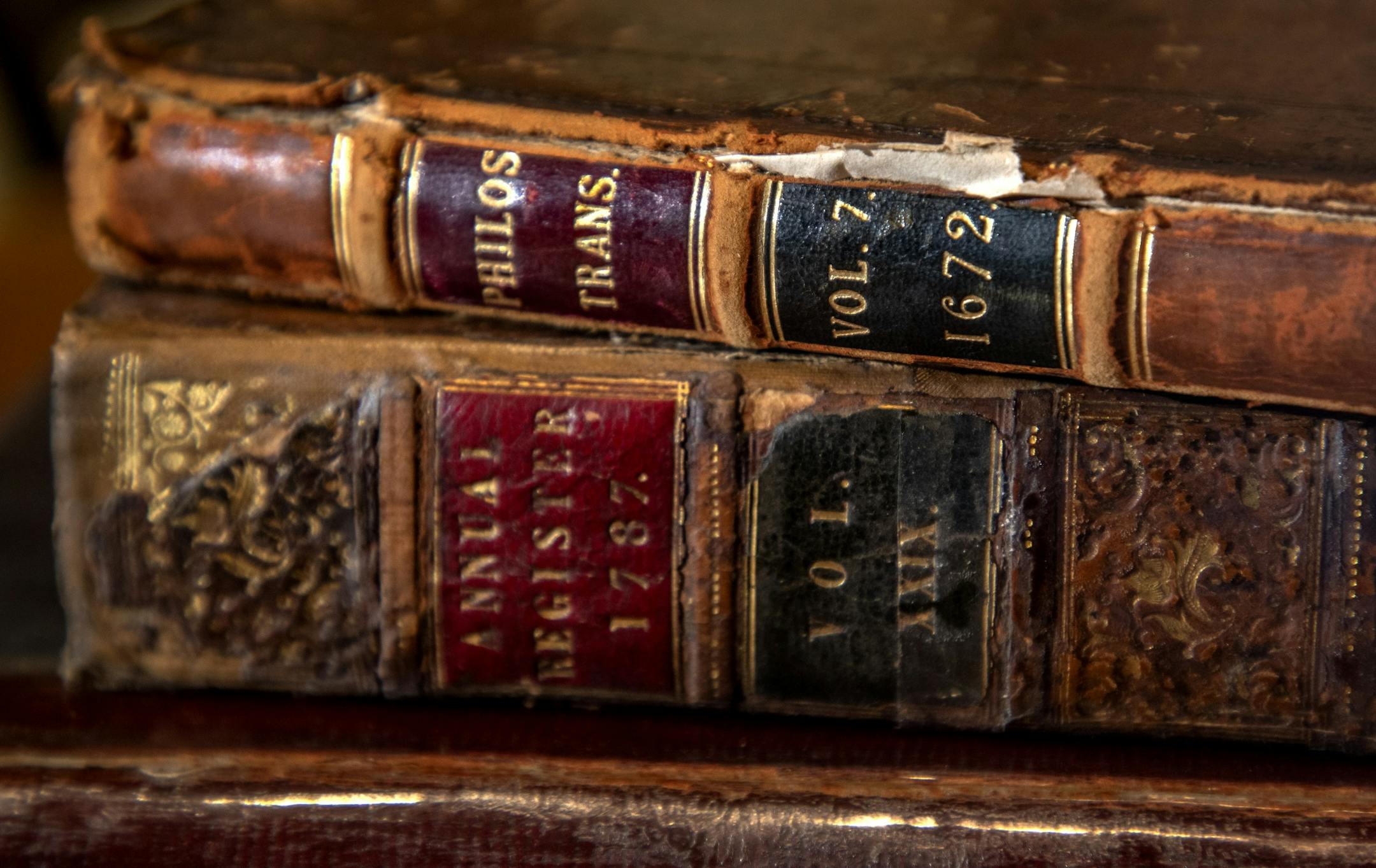 A book on Philosophical Transactions dated 1672 at the James J. Hill Center in downtown St. Paul. The building has been listed for sale.