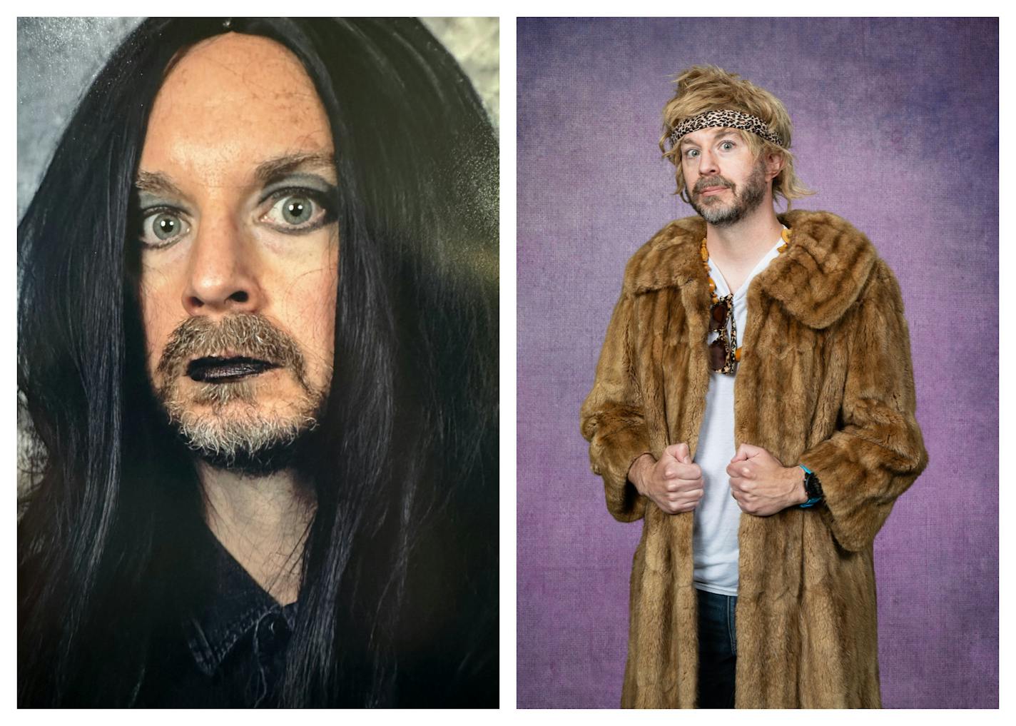 On left if a portrait of a man with eyes painted black and wearing a long black wig. On the right is a man dressed up with animal print headband and long fur coat.