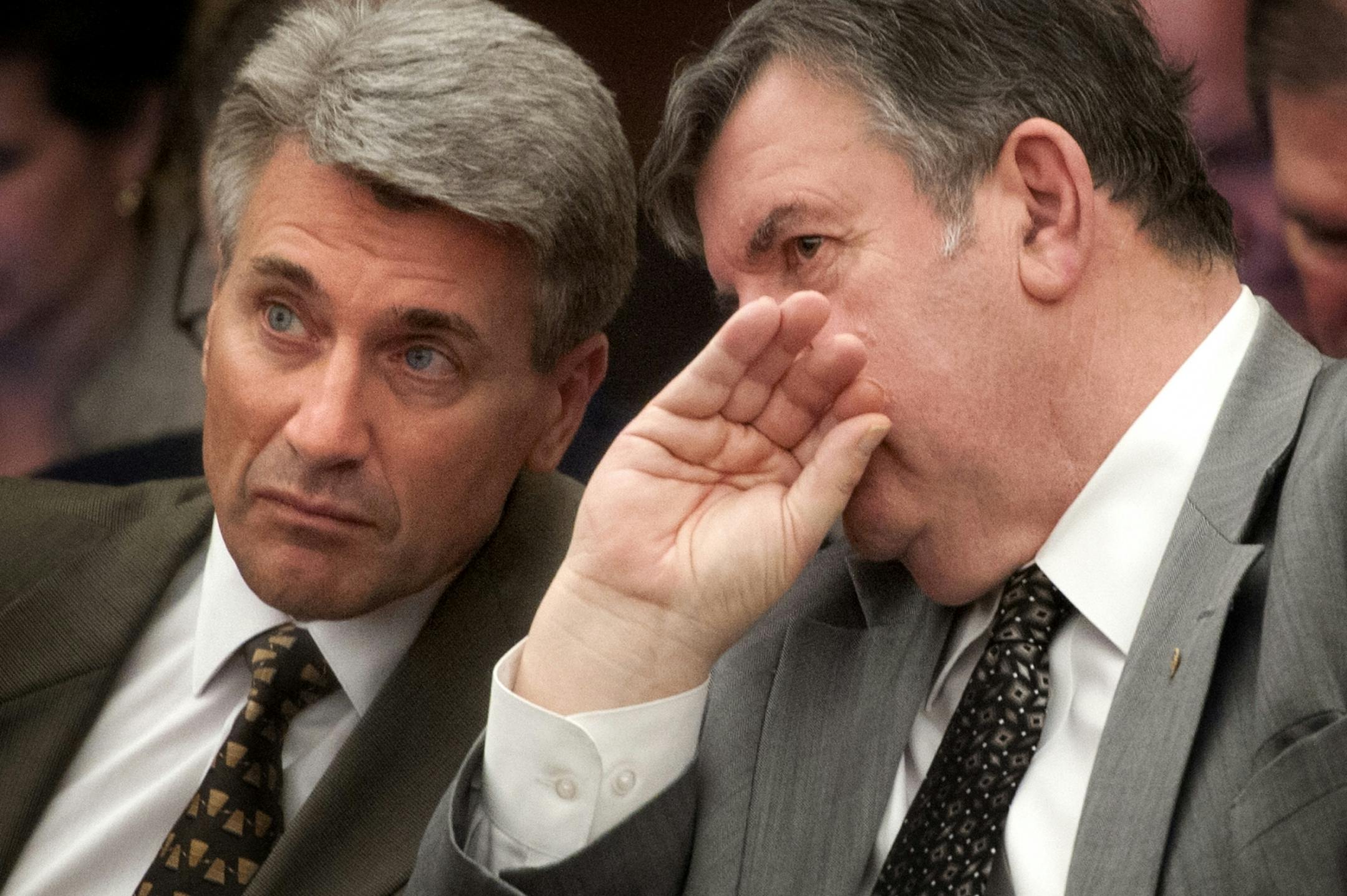 Ramsey County commissioner Tony Bennett whispered to Mayor R.T. Rybak as the Senate took up the stadium bill Friday, April 20, 2012. The bill favoring Arden Hills in Ramsey County and the Senate committee decided not to vote on the Arden Hills bill because there aren't enough votes to pass it.