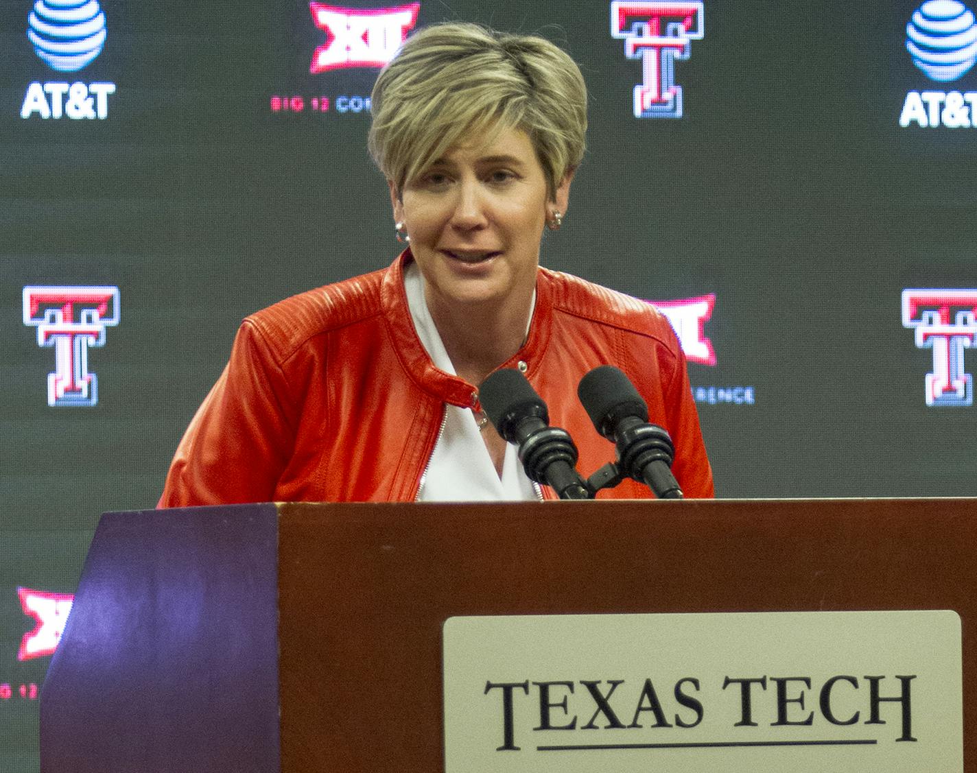 Newly appointed Head Coach for the Lady Raiders Basketball Team, Marlene Stollings, answers questions from the media on Wednesday, April 11, 2018 at the United Supermarkets Arena. Coach Stollings is fresh off of an NCAA Tournament appearance with the University of Minnesota. mandatory credit: Stephen Singleton/The Daily Toreador.