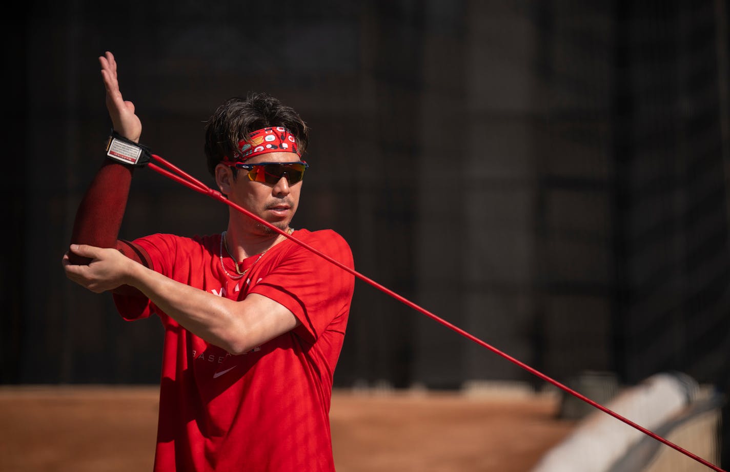 Twins pitcher Kenta Maeda continued his rehab from Tommy John surgery at Hammond Stadium in Fort Myers, Florida Friday, March 18, 2022. Minnesota Twins players not playing in a game against the Atlanta Braves continued working out at Hammond Stadium. ] JEFF WHEELER • Jeff.Wheeler@startribune.com