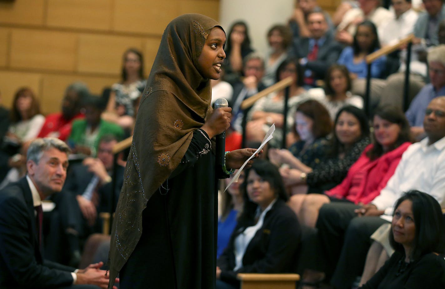 Husna Ibrahim of Project Success fired up a crowd as Generation Next announced its plan to tackle the achievement gap during a presentation to community leaders at the Humphrey School of Public Affairs, Monday, August 18, 2014 in Minneapolis, MN. Generation Next , directed by former Minneapolis Mayor R.T. Rybak, is a coalition of community groups, political leaders, foundations and businesses. ] (ELIZABETH FLORES/STAR TRIBUNE) ELIZABETH FLORES &#x2022; eflores@startribune.com