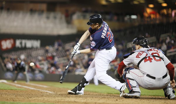 Minnesota Twins right fielder Chris Parmelee (27) hit a two run homer in the ninth inning giving the Twins a 8-6 win over Boston.