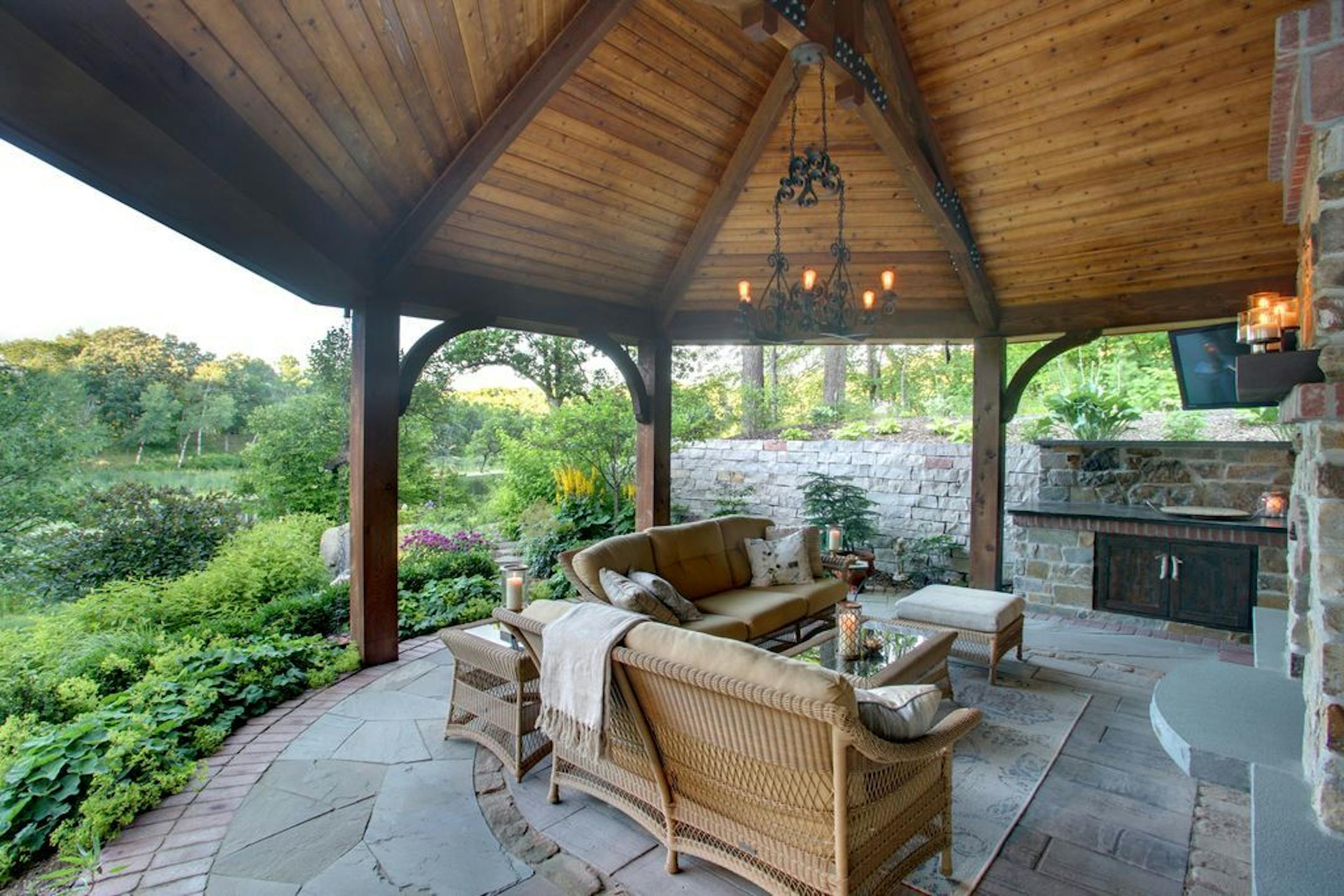 A seating area under the pavilion.