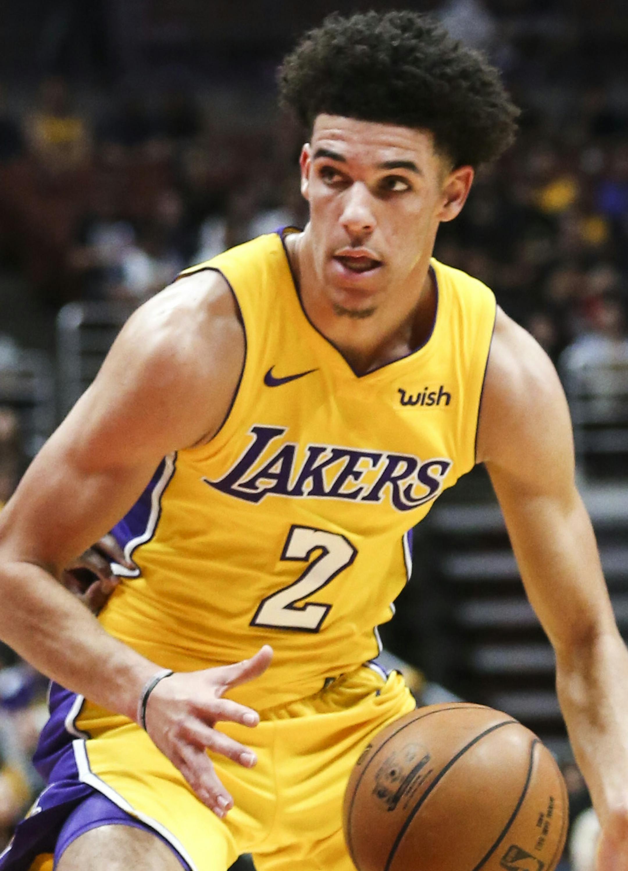 Los Angeles Lakers guard Lonzo Ball #2 in action during an NBA preseason basketball game against Minnesota Timberwolves in Anaheim, Calif., Saturday, Sept. 30, 2017. (AP Photo/Ringo H.W. Chiu) ORG XMIT: NYOTK
