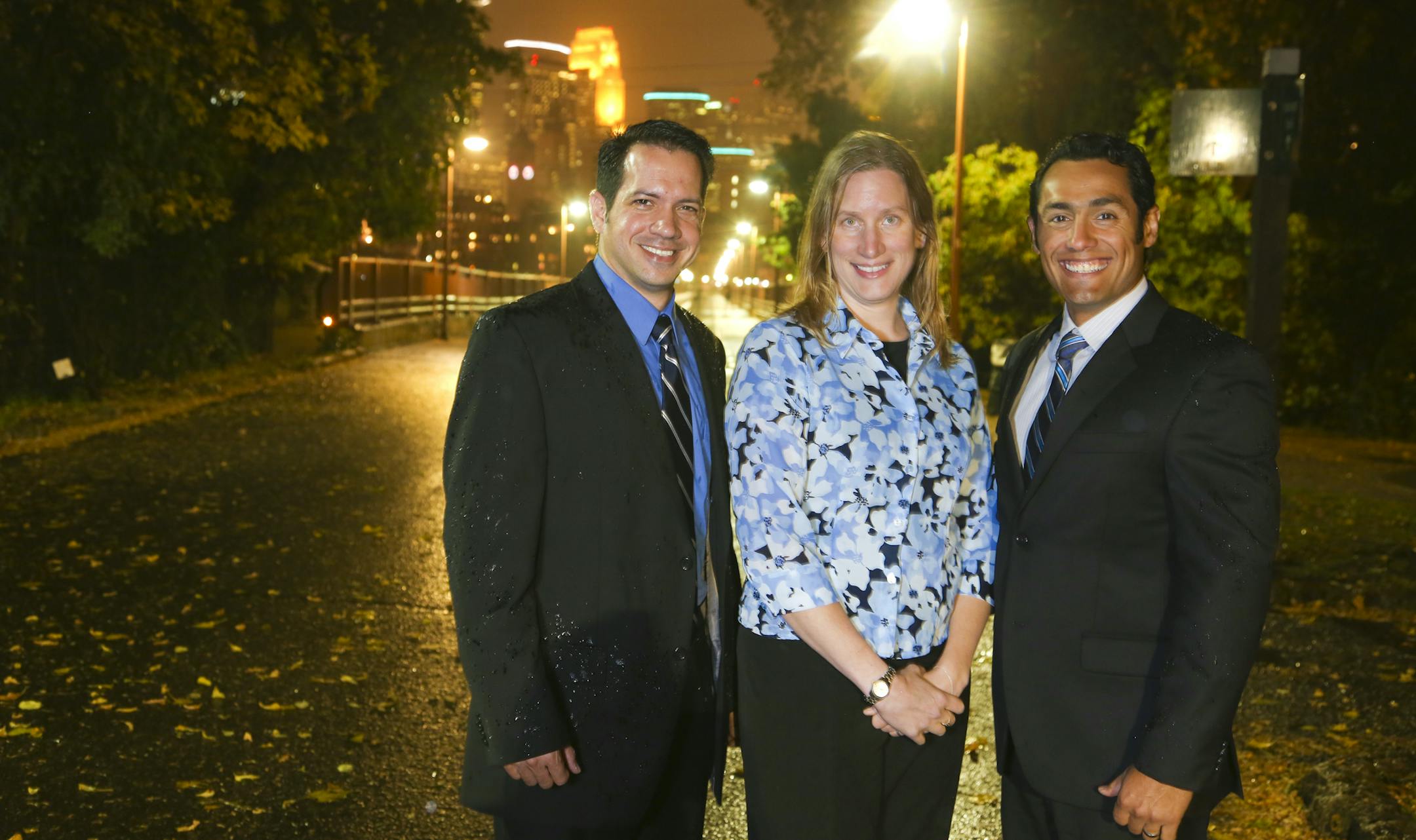 Luis Moreno, Darcy Douglas and Tomas Perez, founders of Twin Cities Business Peer Network, posed for a picture at the Stone Arch Bridge in Minneapolis, Minn., on Wednesday, October 2, 2013. ] (RENEE JONES SCHNEIDER &#x201a;&#xc4;&#xa2; reneejones@startribune.com)