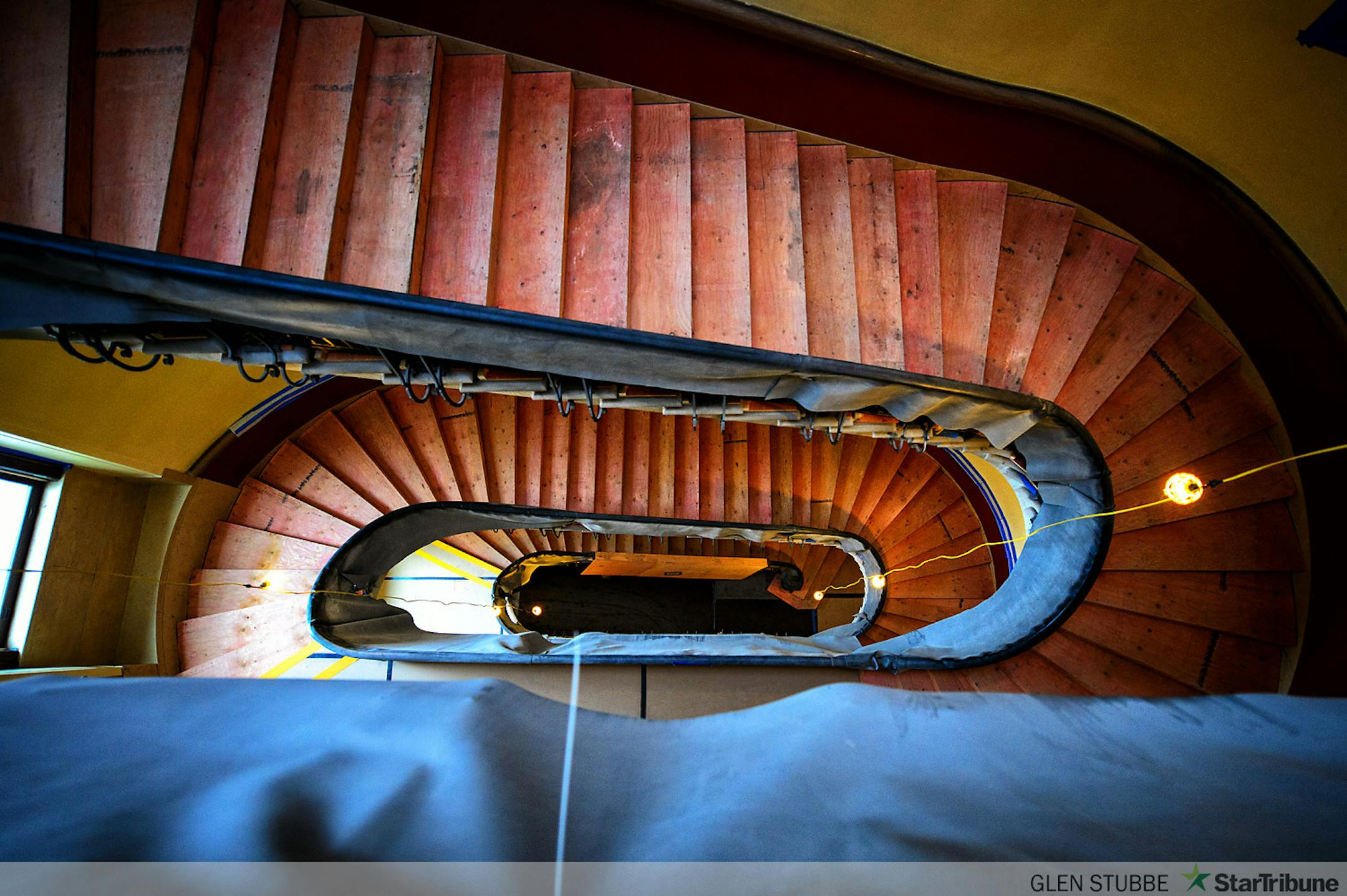 Steps on the spiral staircase are covered in protective wood and are not open to the public.      ]   GLEN STUBBE * gstubbe@startribune.com   Tuesday, December 2, 2014 With just over one month before the start of the 2015 legislative session, Legislators, protesters, lobbyists and school children will find a vastly different State Capitol with no access to the Rotunda and very limited access to the rest of the building.