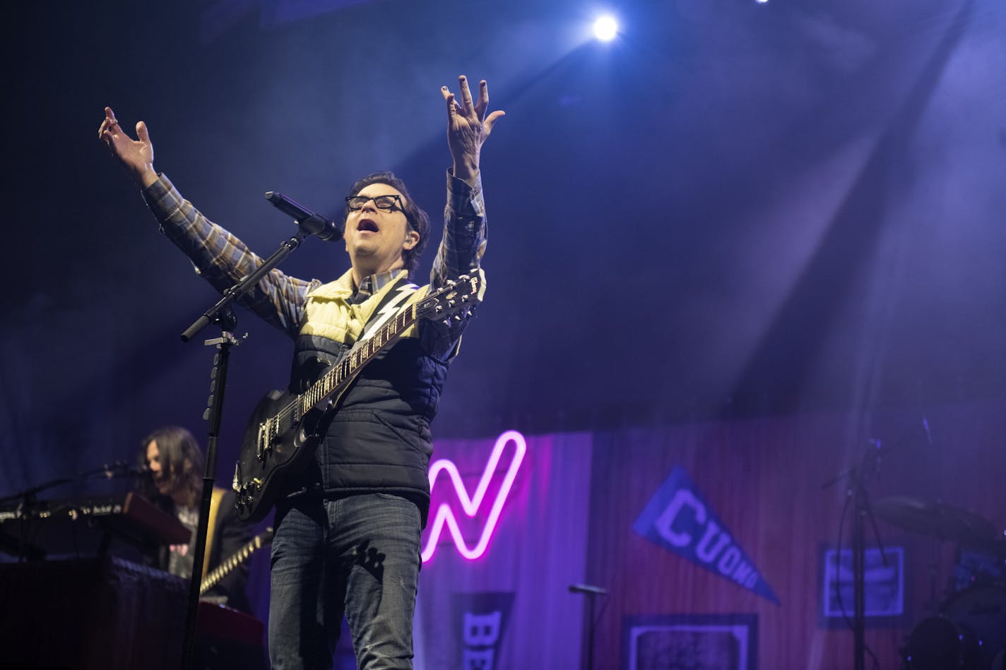 Rivers Cuomo of Weezer sang to the crowd.] COURTNEY DEUTZ &#x2022; courtney.deutz@startribune.com on Saturday, March 30, 2019 at the XCEL Energy Center in St. Paul. Weezer's show was opened by the Pixies.