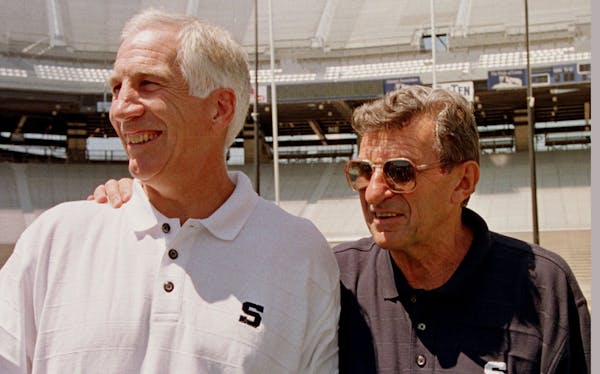 Jerry Sandusky and the late Joe Paterno during their coaching days at Penn State.
