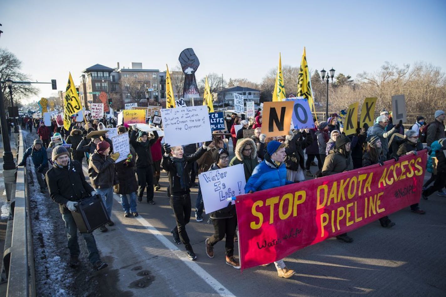 Close to 500 people gathered in the middle of the Marshall Avenue Bridge (Lake Street) to protest the Dakota Access Pipeline in Minneapolis and St. Paul, Minn., on Friday, January 27, 2016.