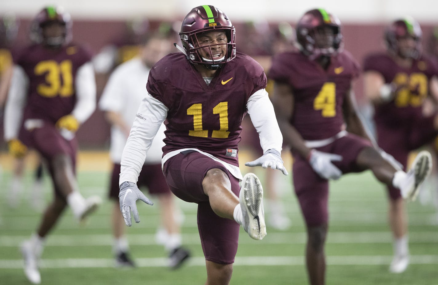 Antoine Winfield Jr. went through warmups during practice.