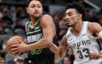 Bryn Forbes drives to the basket against San Antonio's Tre Jones during the first half on Oct. 30