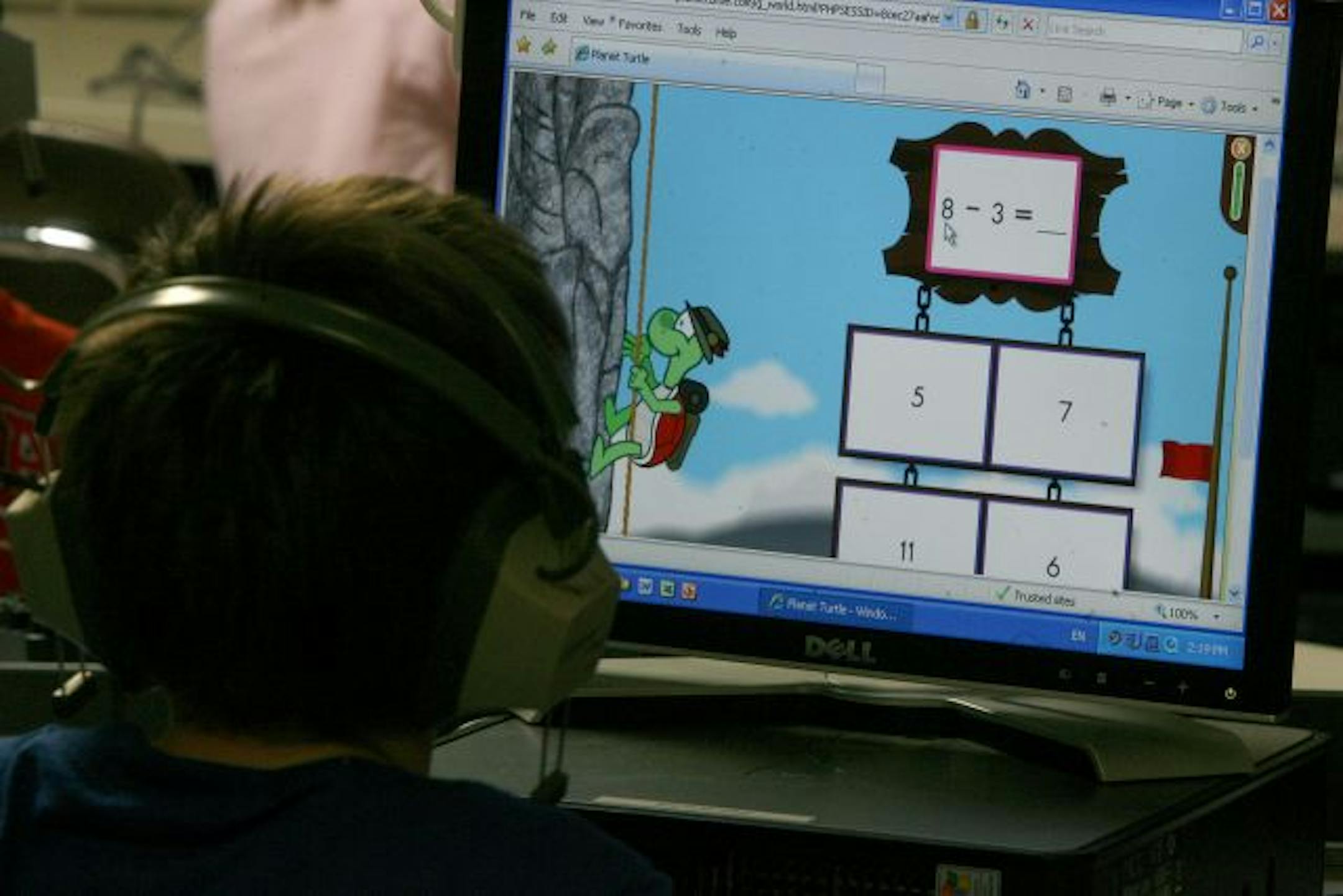 First-grader Will Scheib worked on an online math program called Planet Turtle. She and her classmates were independently working on math skill activities or competitively playing against one of their classmates on Planet Turtle world. Planet Turtle is a software program made by a textbook company that the Minnetonka kids are using in class.