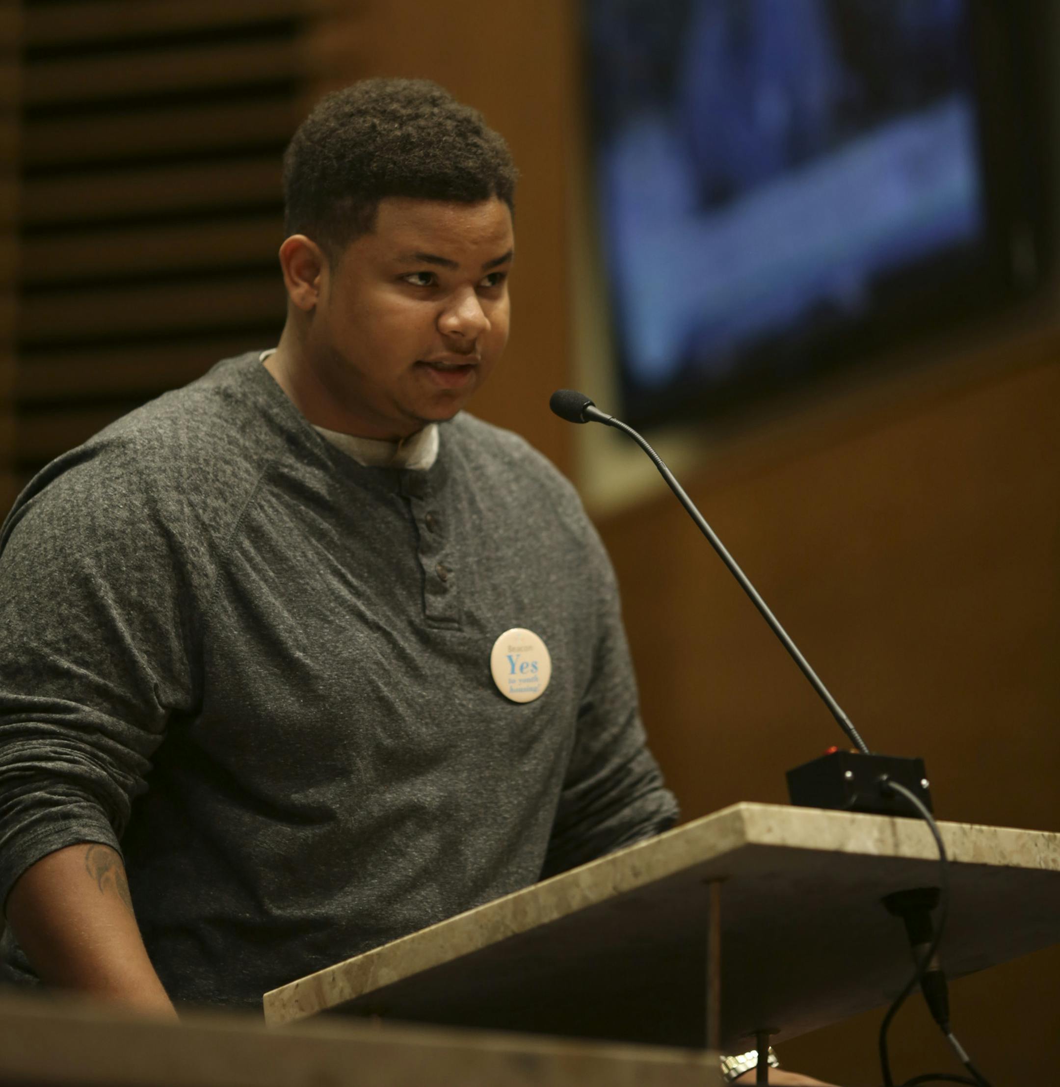 Thomas Stone, 19, a resident of Nicollet Square, another Beacon Interfaith Housing Collaborative development, spoke in support of the proposed housing development during a meeting of the Edina City Council Tuesday night. ] JEFF WHEELER ‚Ä¢ jeff.wheeler@startribune.com The Edina City Council took up the controversial topic of a teen homeless shelter at their meeting Tuesday night, September 2, 2014 at the Edina City Hall.