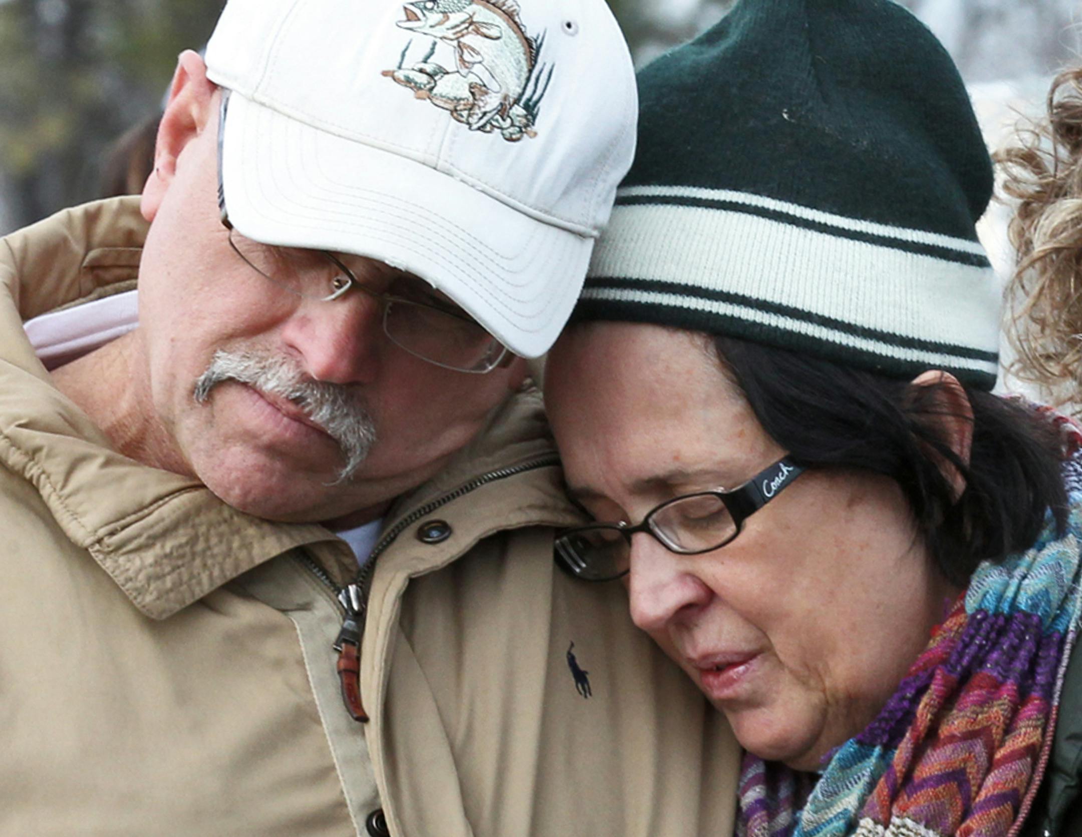 Danielle Jelinek, 27, of Oakdale, has been missing since Sunday when she was last seen in the Chisago Lakes area. Chisago County sheriff Rick Duncan conducted a press conference south of Chisago Lakes in the area of an ongoing search for Jelinek. Jelinek family members and friends attended the press conference, including Danielle Jelinek's parents Ed Jelinek and Janice Jelinek, left. (MARLIN LEVISON/STARTRIBUNE(mlevison@startribune.com (cq - ORG XMIT: MIN1212121602160333