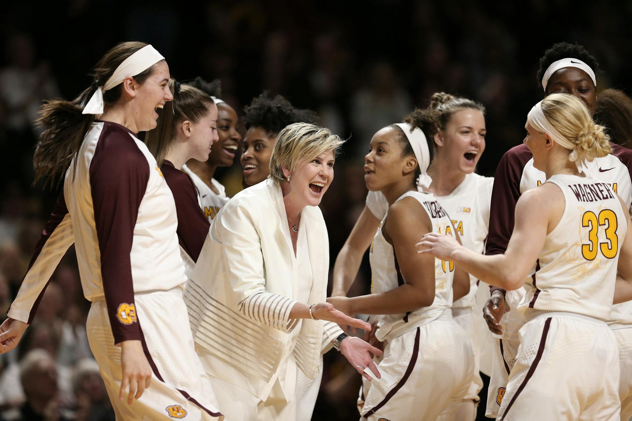 Minnesota head coach Marlene Stollings celebrated her teams win at Williams Arena Sunday Feb 18, 2018 in Minneapolis, MN.