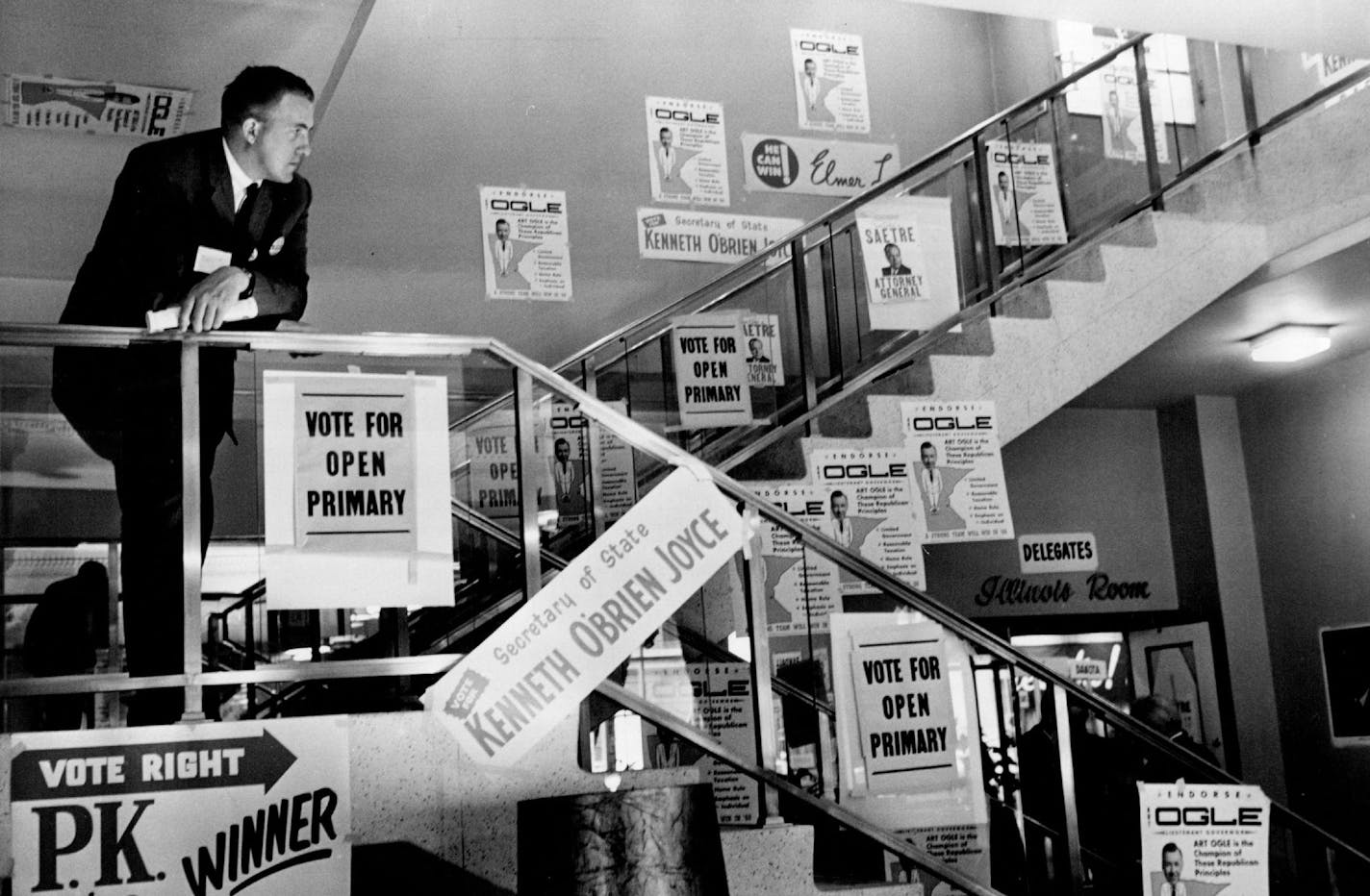 June 4, 1960 Campaign Posters Line GOP convention head quarters at Leamington Hotel. William Birich, 3424 S. 16th Avenue., delegate from Hennepin county, studied signs. June 3, 1960 John Croft, Minneapolis Star Tribune