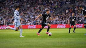 Minnesota United's Hassani Dotson dribbled with the ball at Sporting Kansas City on Saturday, Oct. 21, 2023. (Courtesy of Minnesota United FC)