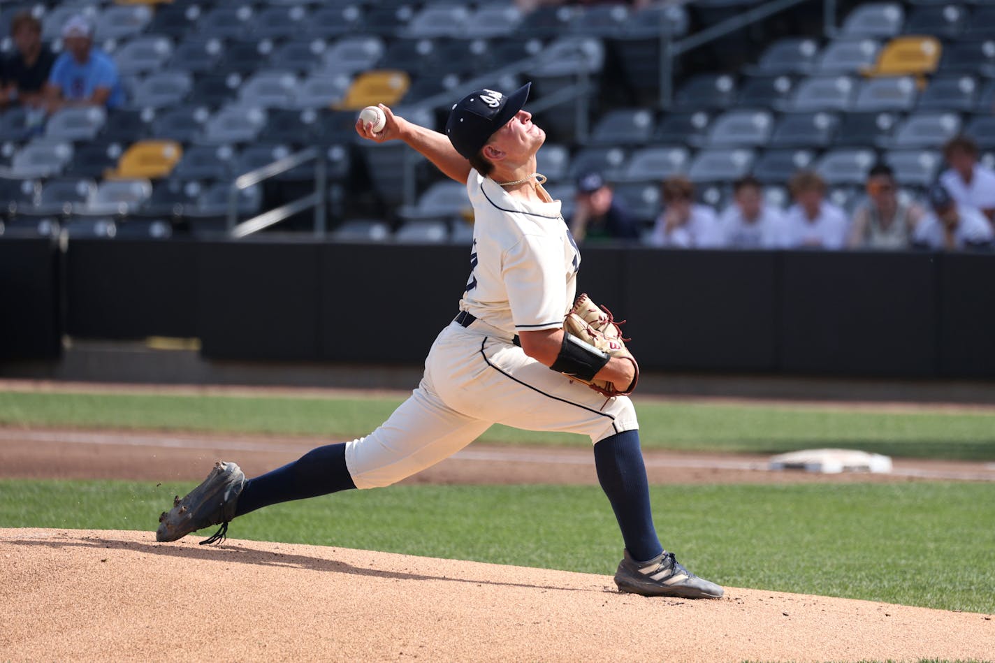 Pitcher Jack Thompson threw a complete game, allowing two hits in a 4-0 win over Sartell in a Class 4A quarterfinal matchup at CHS Field in St. Paul. Photo by Cheryl A. Myers, SportsEngine