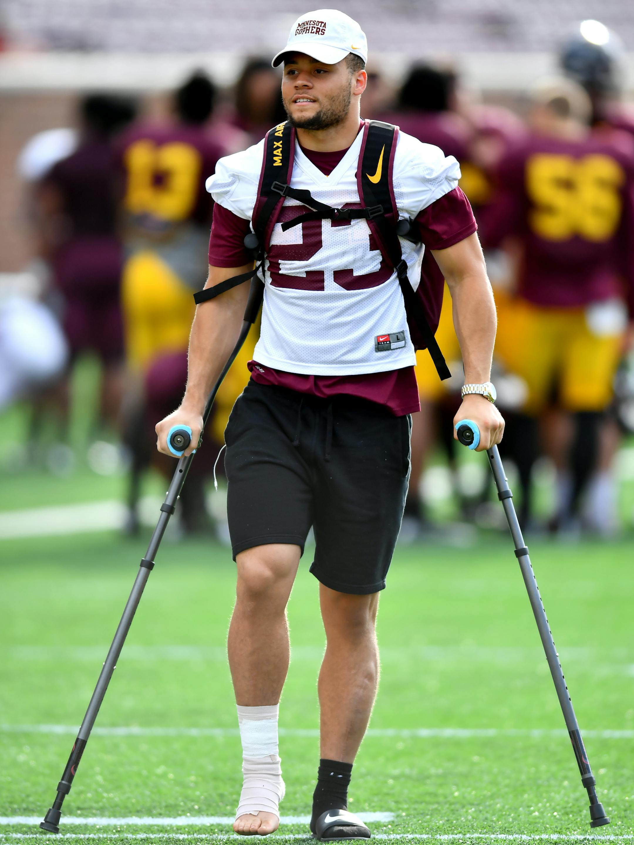 Minnesota Golden Gophers running back Shannon Brooks (23) left the field after watching Saturday's practice and scrimmage from the sideline with an injury. ] (AARON LAVINSKY/STAR TRIBUNE) aaron.lavinsky@startribune.com The University of Minnesota Golden Gophers football team held an open practice and scrimmage on Saturday, August 13, 2016 at TCF Bank Stadium in Minneapolis, Minnesota.