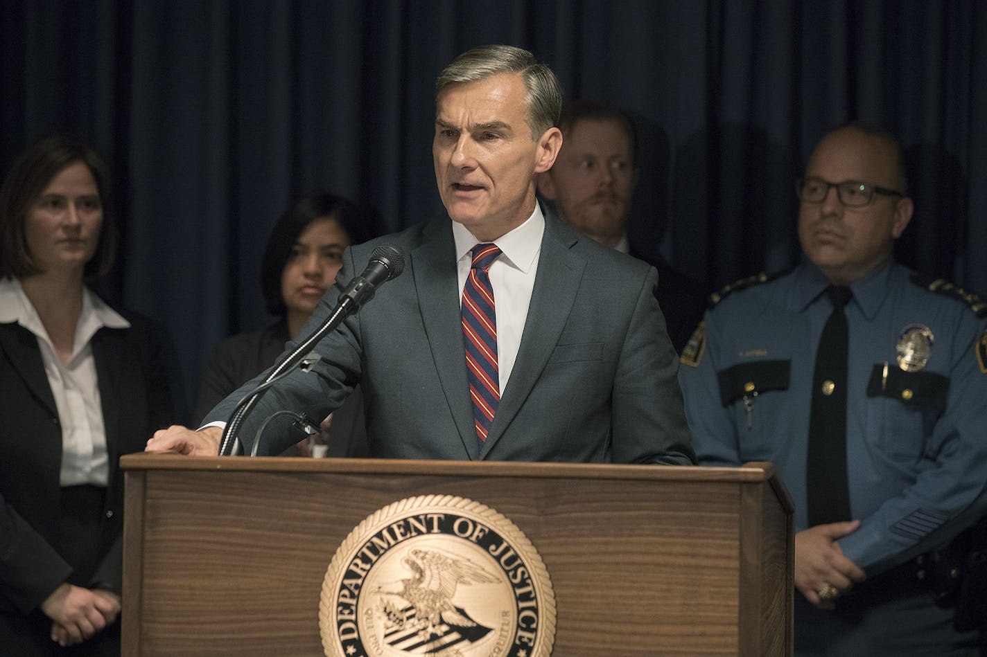 Acting United States Attorney, Gregory Brookerwill along with other Federal authorities in Minneapolis anounced a second wave of indictments charging up to 20 more defendants in what's being described as the largest sex trafficking conspiracy charged in the U.S., during a press conference, Thursday, May 25, 2017 in Minneapolis, MN. The case, with roots in Thailand and involving numerous major U.S. cities, effectively dismantled an organization that allegedly trafficked hundreds of victims throug