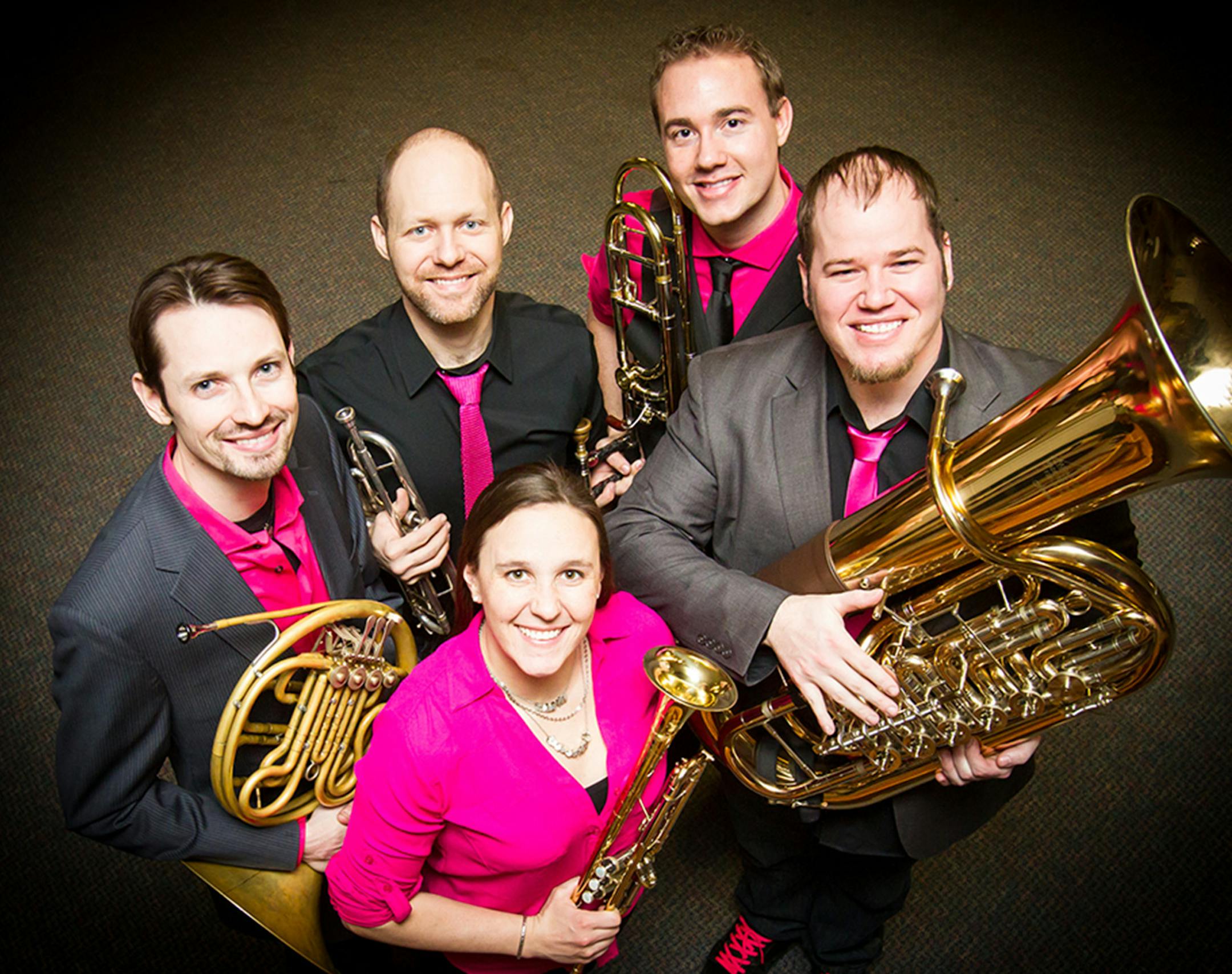 The Copper Street Brass Quintet, from left: Tim Bradley (horn, guitar, keyboard), Corbin Dillon (trumpet, percussion), Allison Hall (trumpet and drums), Alex Wolff (trombone, drums) and Nick Adragna (tuba).