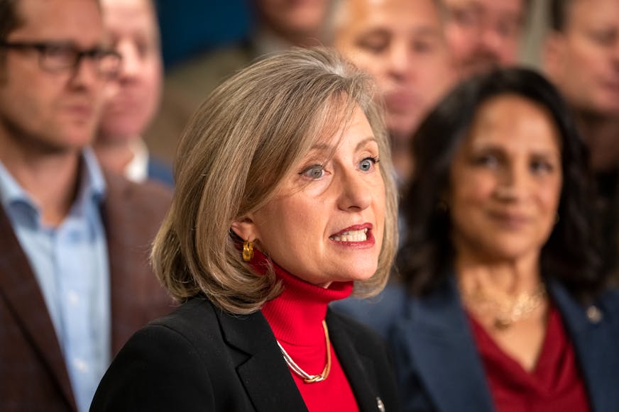 Rep. Kristin Robbins, R-Maple Grove, speaks during a news conference by House GOP leaders at the State Capitol in St. Paul on Jan. 6.