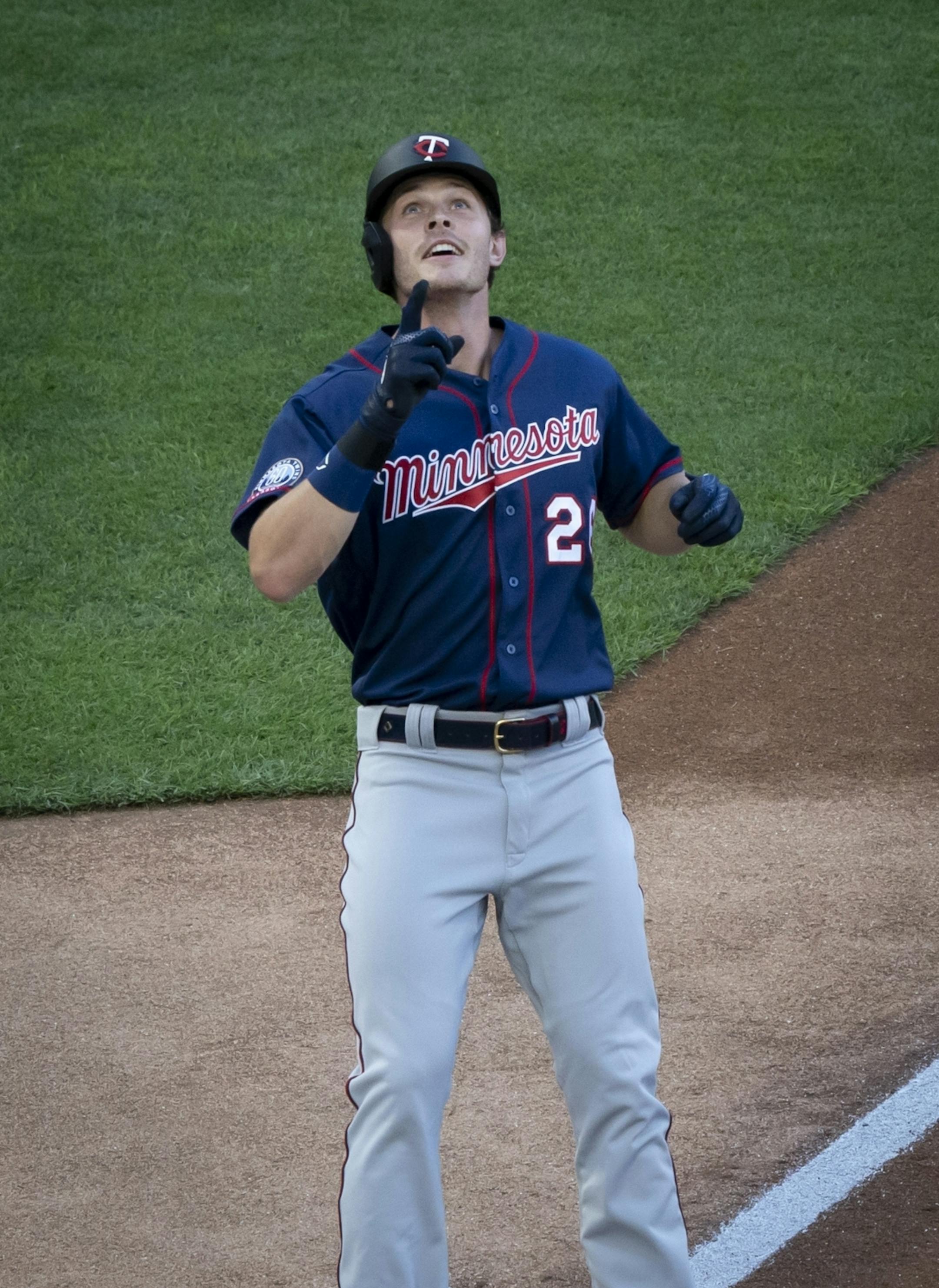 Minnesota Twins center fielder Max Kepler (26) looked to the heavens as he got to home plate after hitting a home run in the first inning of a scrimmage at practice at Target Field in Minneapolis, Minn., on Wednesday, July 15, 2020.