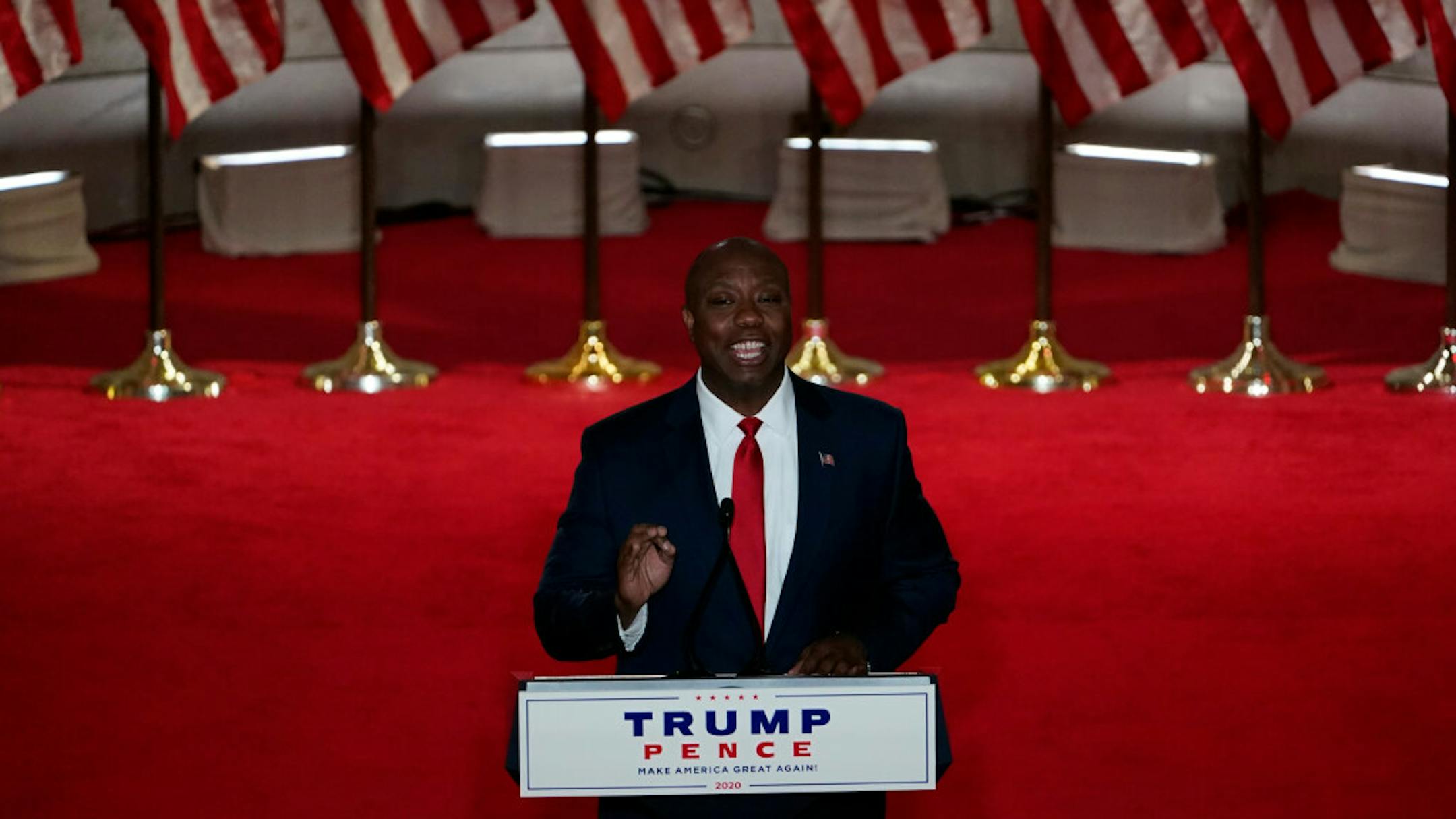 Sen. Tim Scott, R-S.C., speaks during the first night of the Republican National Convention from the Andrew W. Mellon Auditorium in Washington, Monday, Aug. 24, 2020.