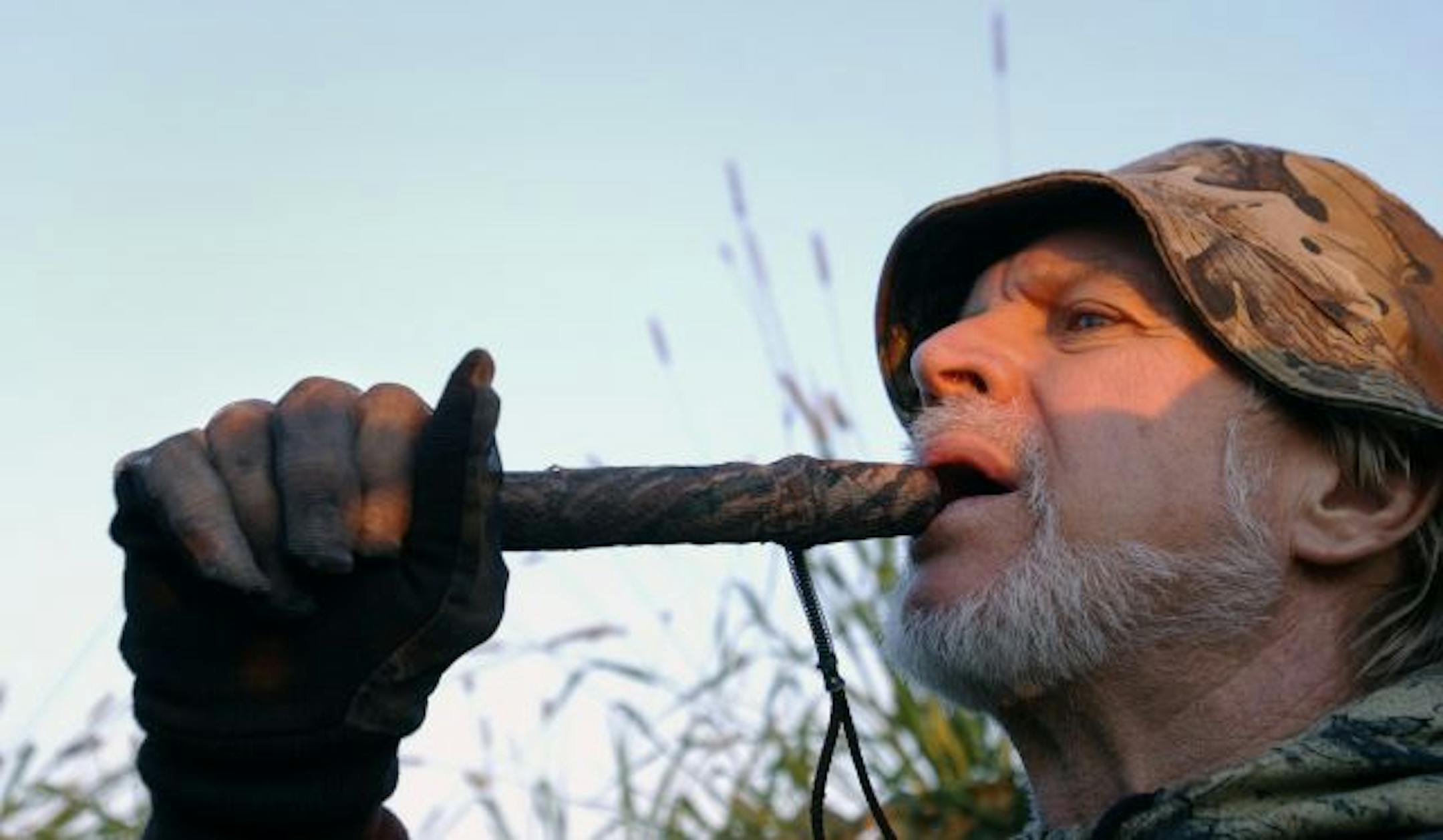 JOEY MCLEISTER � jmcleister@startribune.com Lino Lakes,Mn.,Sat.,Sept. 1, 2007--Don "Duckman" Helmeke got ready to blow his goose call during the early goose opener. GENERAL INFORMATION: Following a hunting party for the early goose opener.