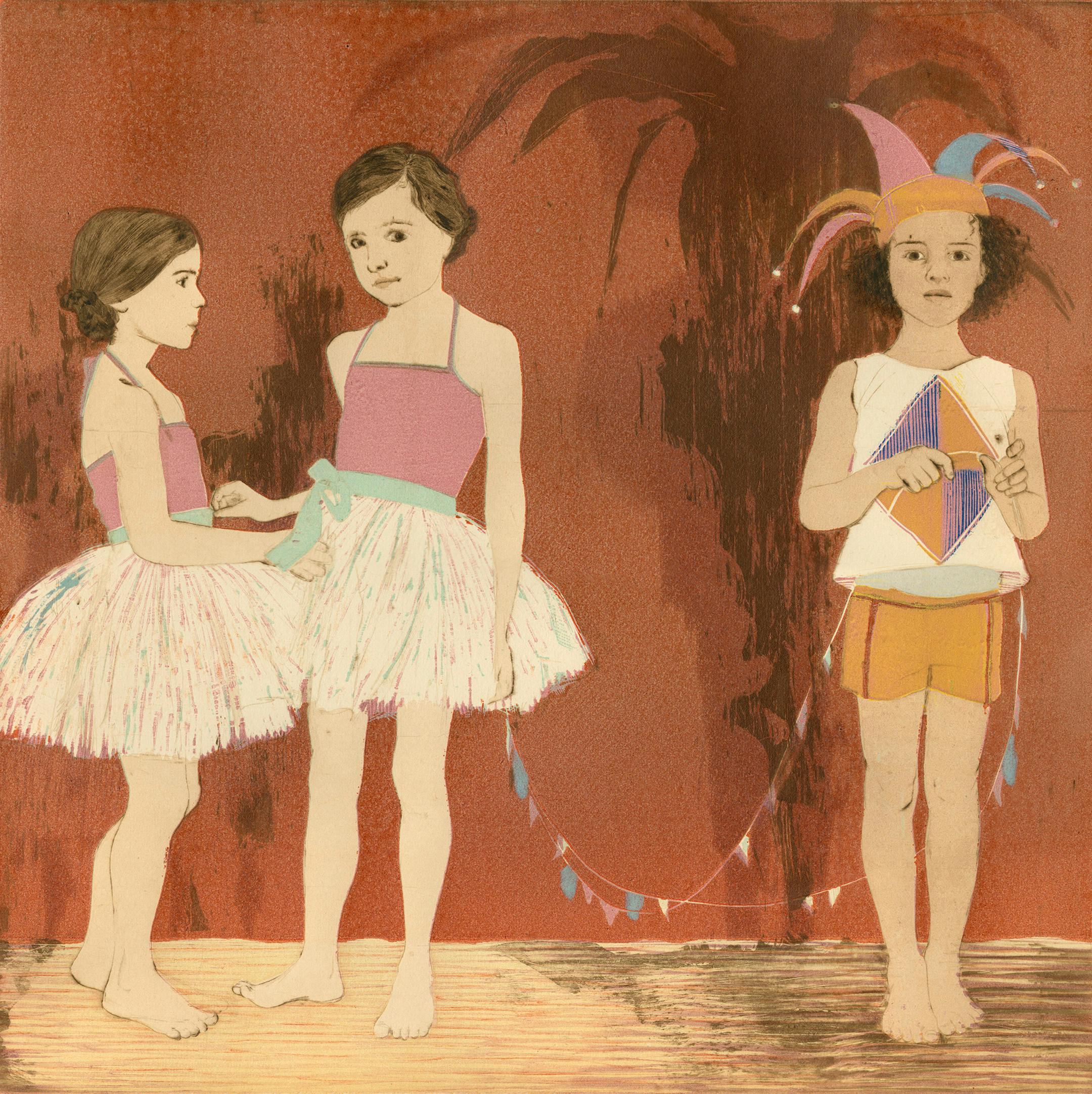 Provided by Groveland Gallery Ellen Heck Dress Rehearsal, 2013 woodcut, drypoint & aquatint 18 x 18"